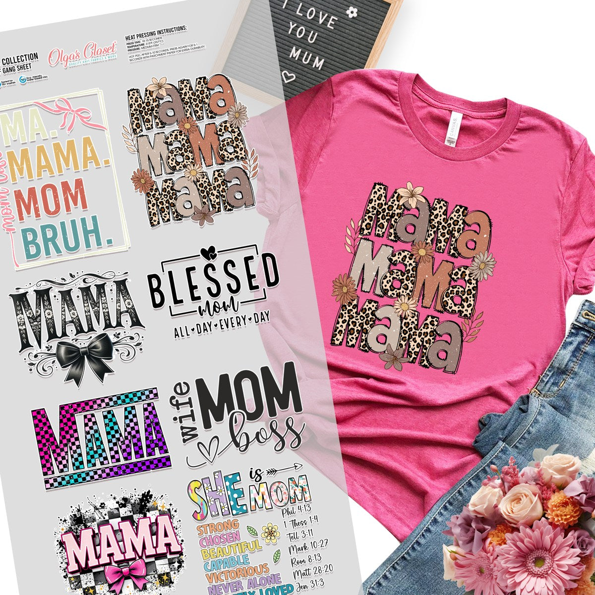 Pink custom printed T-shirt and coordinating DTF transfer designs