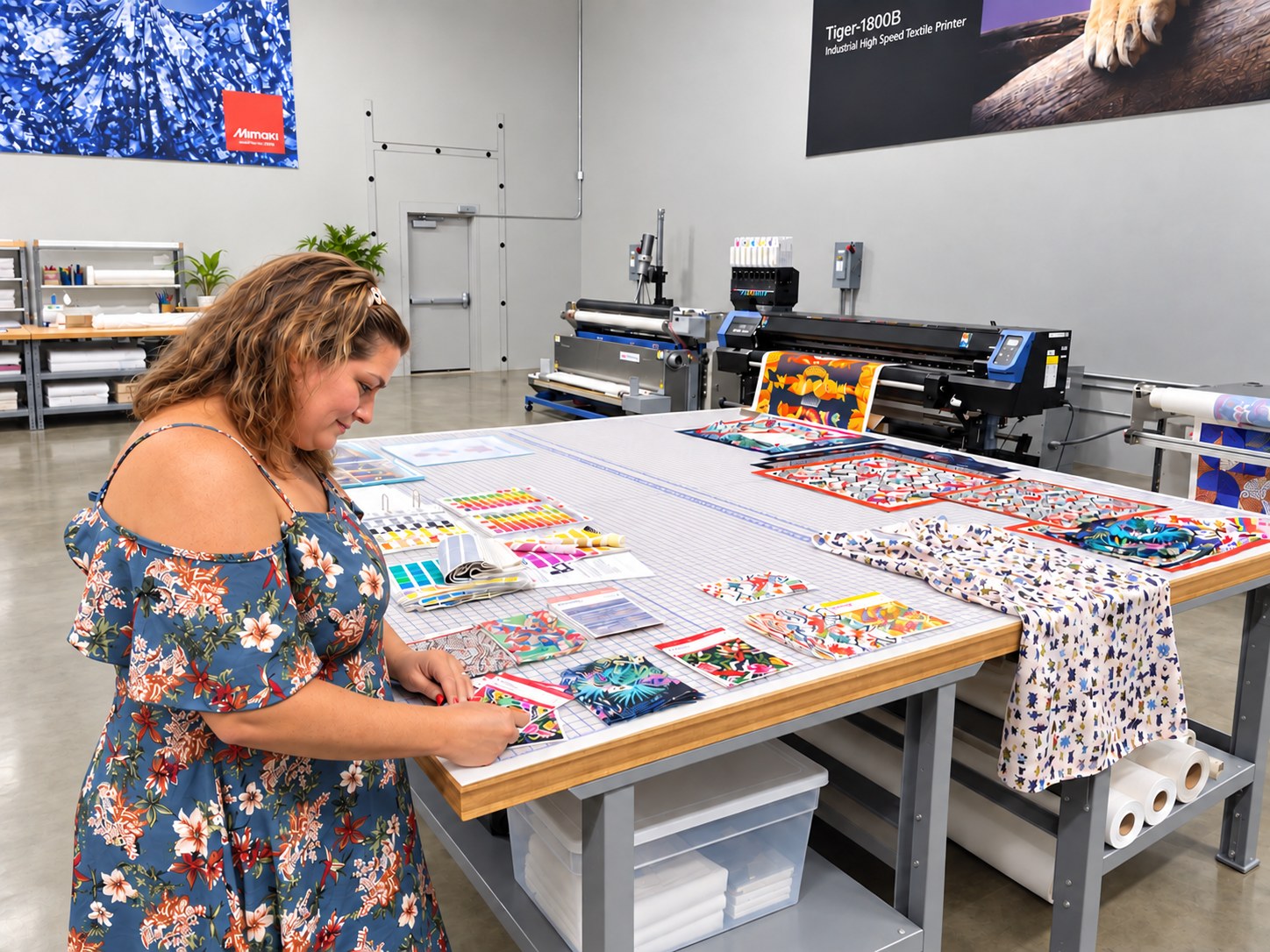 Olga reviewing printed fabric and color samples at the worktable
