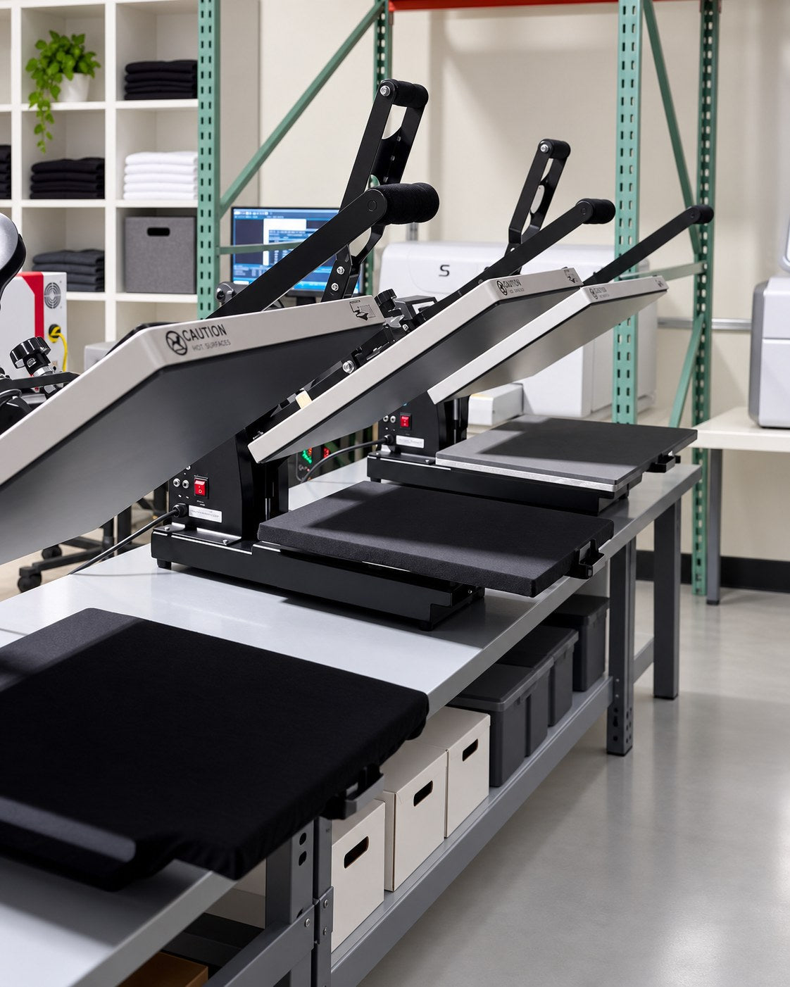 Our row of heat presses in the print workshop