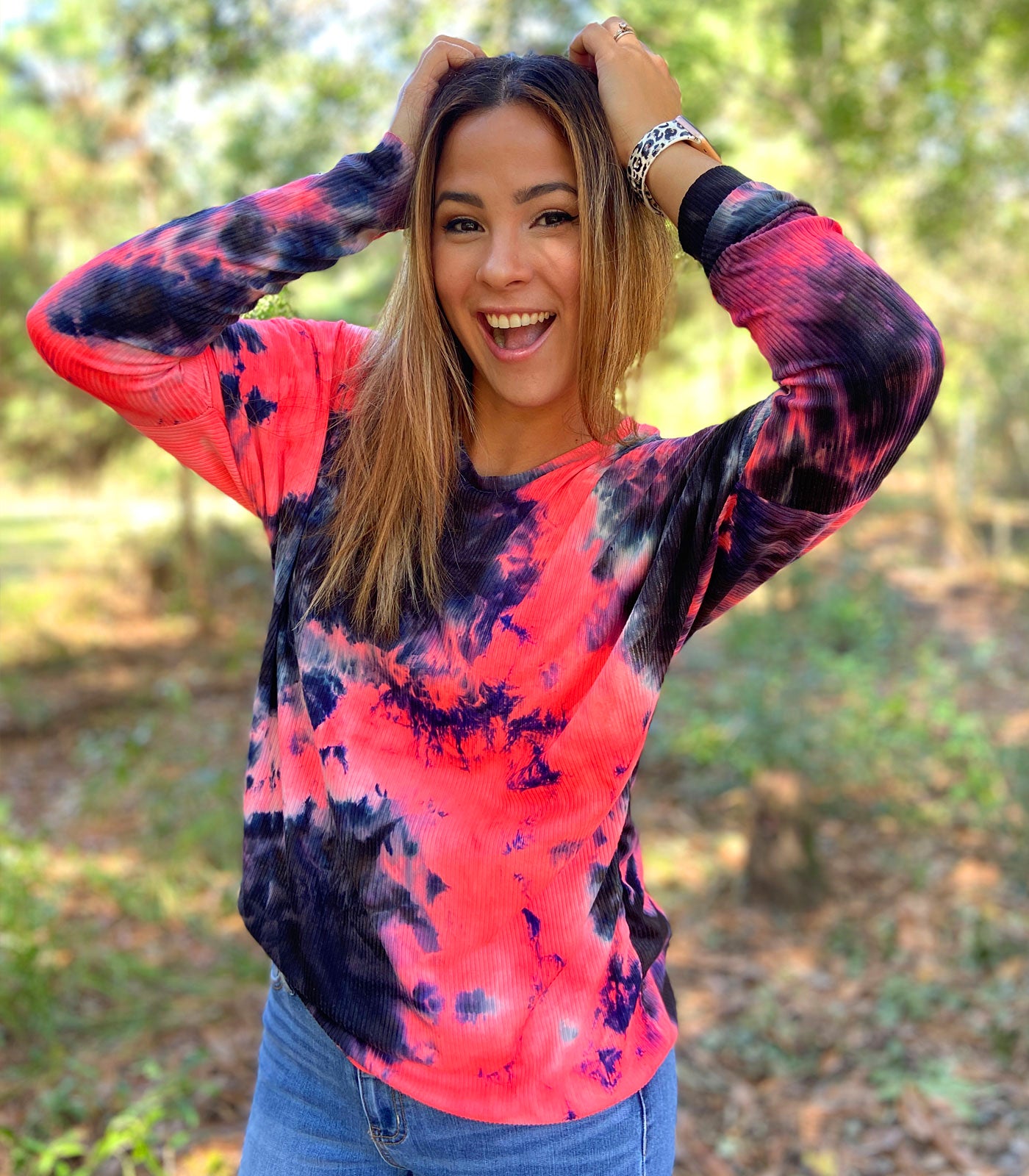 Neon Pink/Black/Navy Tie-Dye Ribbed Knit (4x2) Fabric