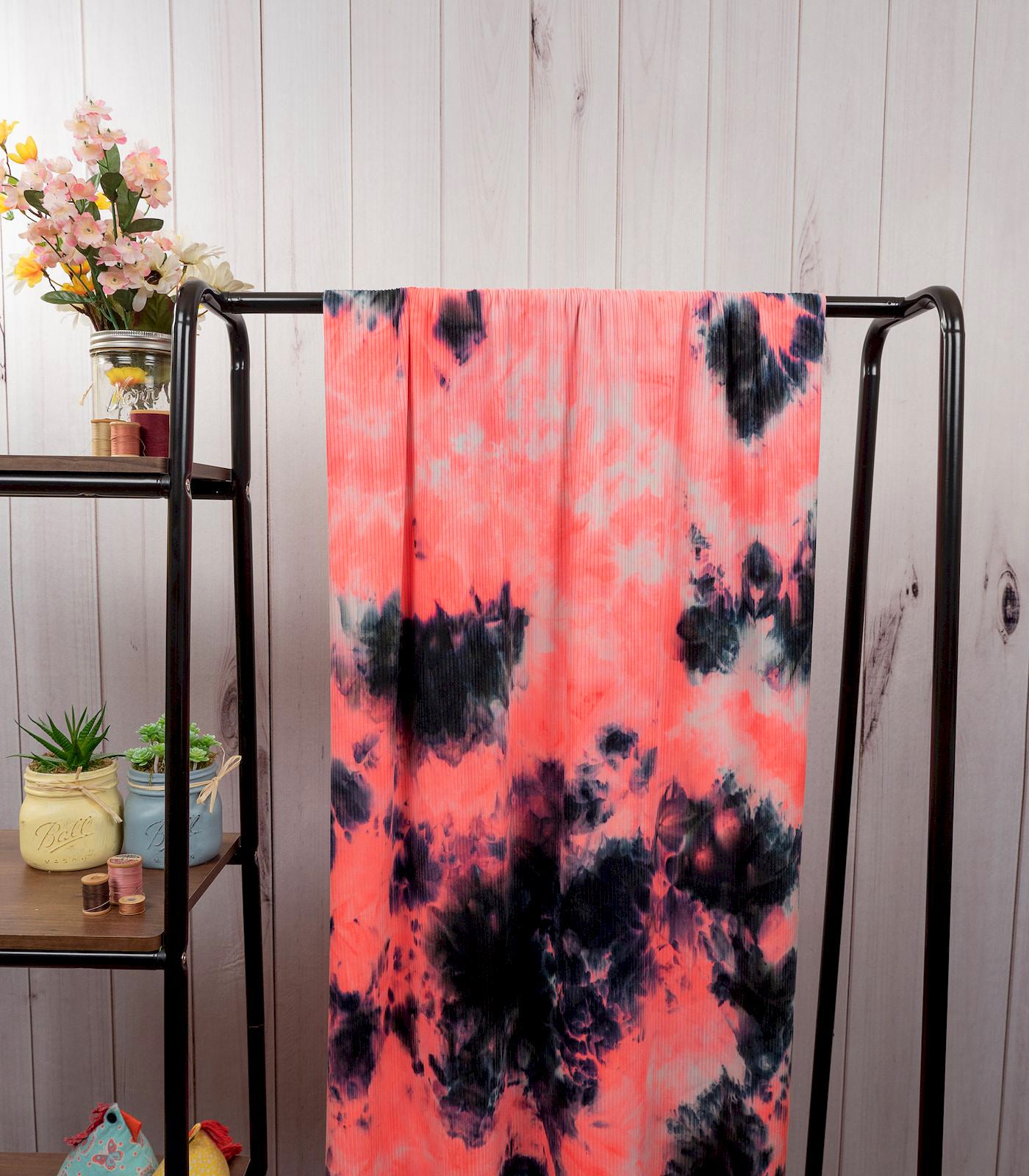 Neon Pink/Black/Navy Tie-Dye Ribbed Knit (4x2) Fabric