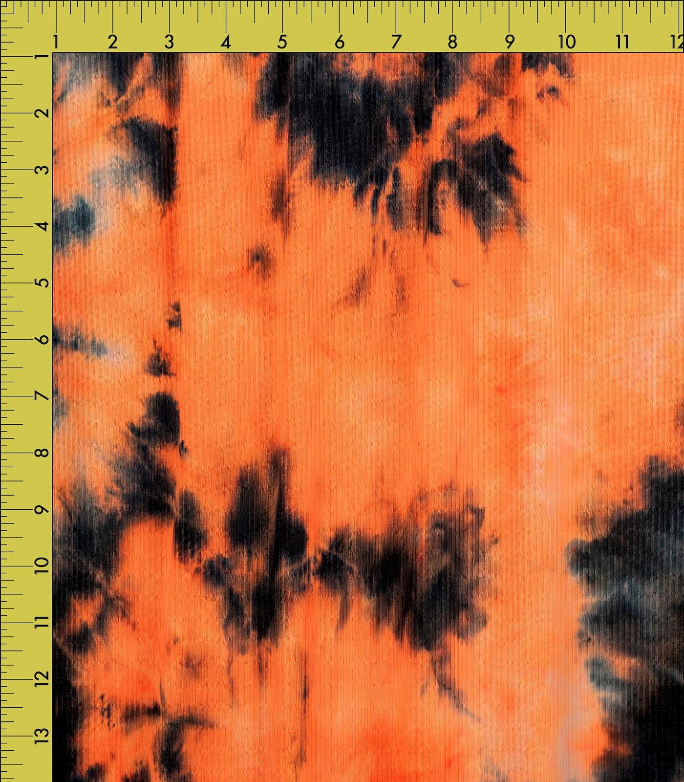 Neon Orange/Black Tie-Dye Ribbed Knit (4x2) Fabric