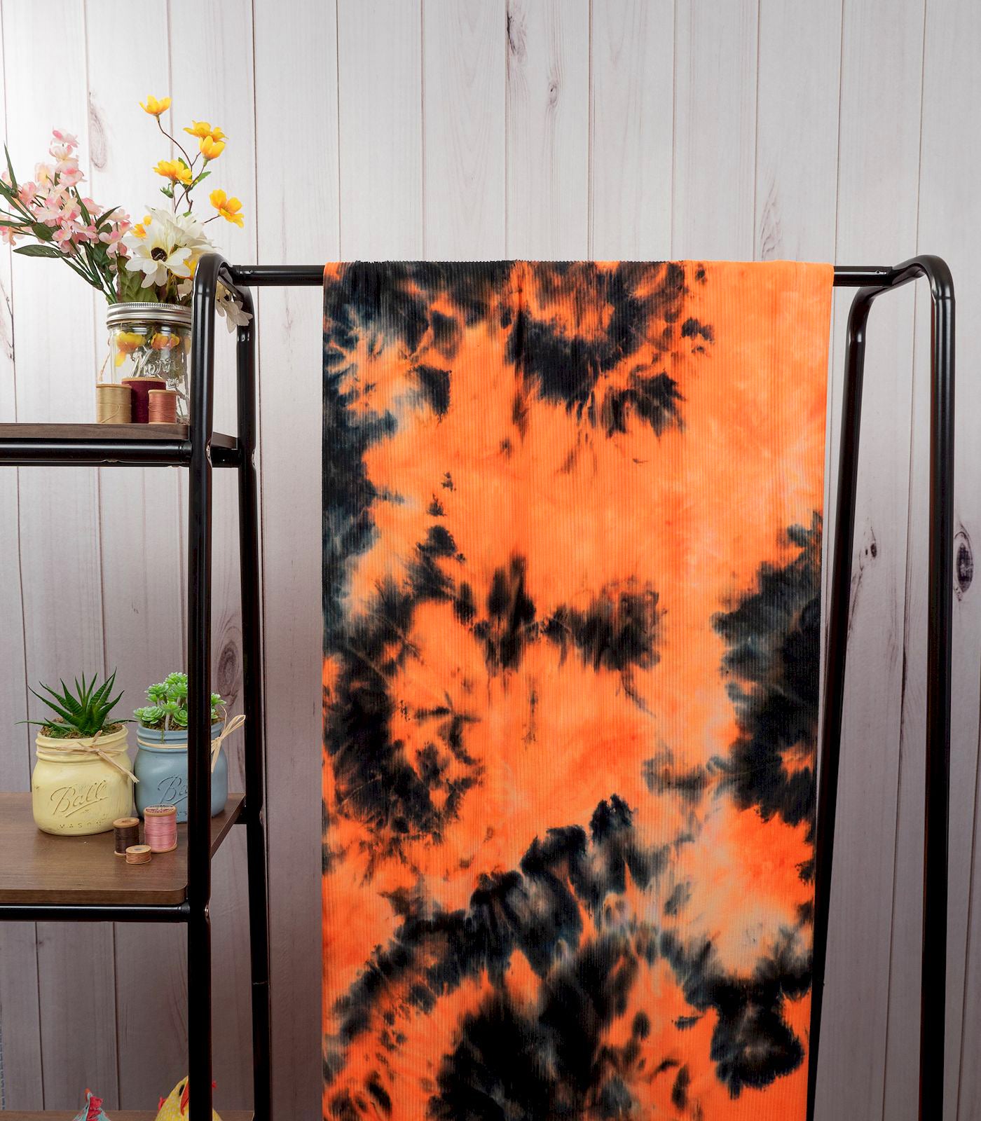 Neon Orange/Black Tie-Dye Ribbed Knit (4x2) Fabric