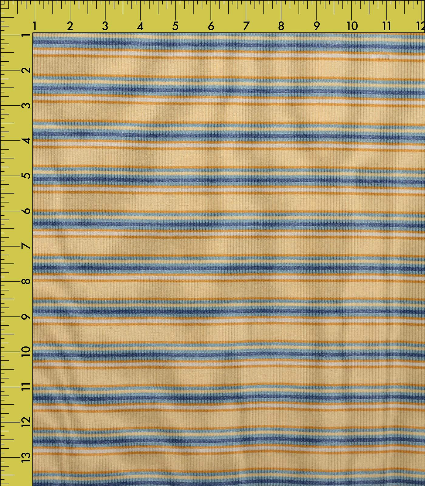 Yellow/Terracotta/Baby Blue Striped Ribbed Knit (4x2) Fabric