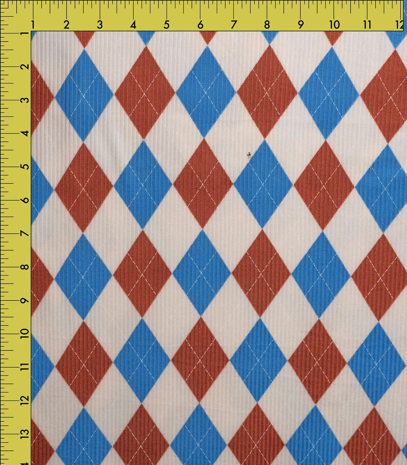 Denim/Taupe Brushed Argyle Plaid Ribbed Knit (4x2) Fabric