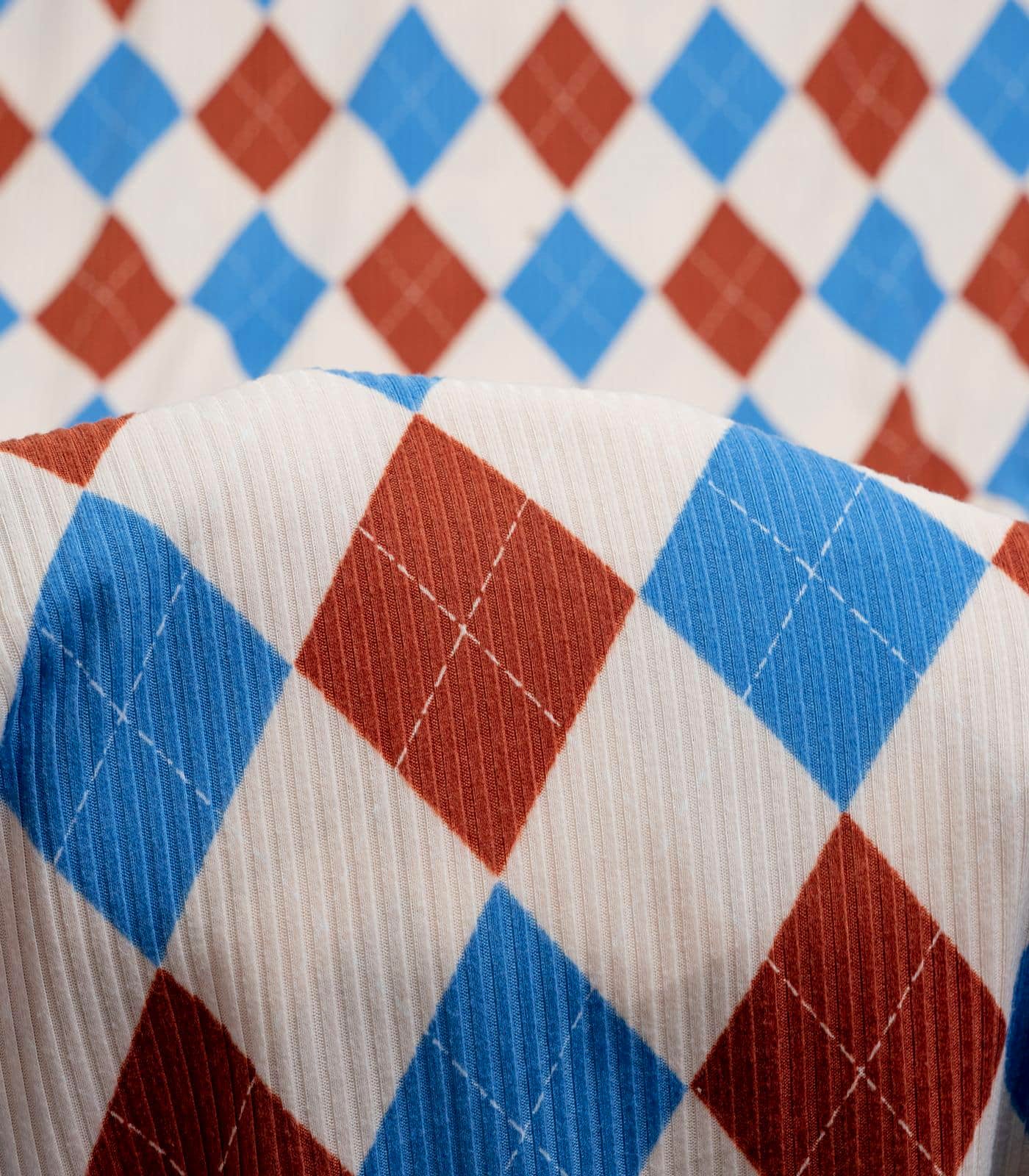 Denim/Taupe Brushed Argyle Plaid Ribbed Knit (4x2) Fabric