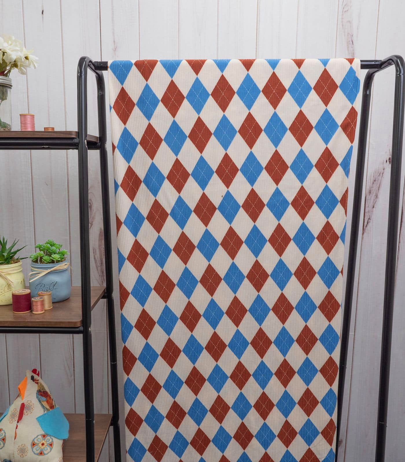 Denim/Taupe Brushed Argyle Plaid Ribbed Knit (4x2) Fabric