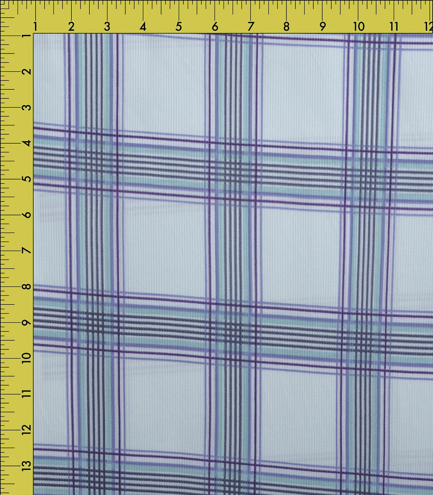Light Blue/Navy/Green Plaid Ribbed Knit (2x1) Fabric