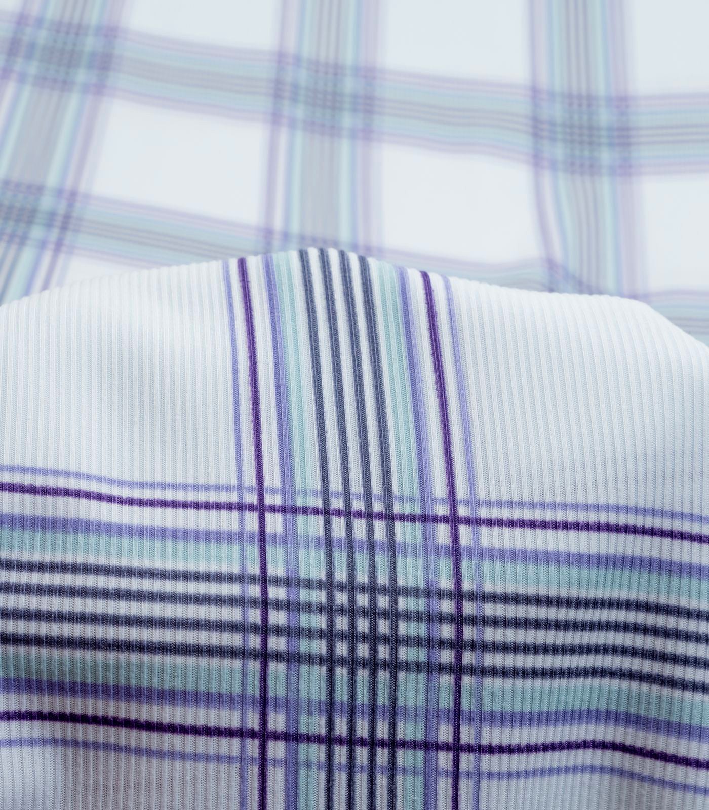 Light Blue/Navy/Green Plaid Ribbed Knit (2x1) Fabric