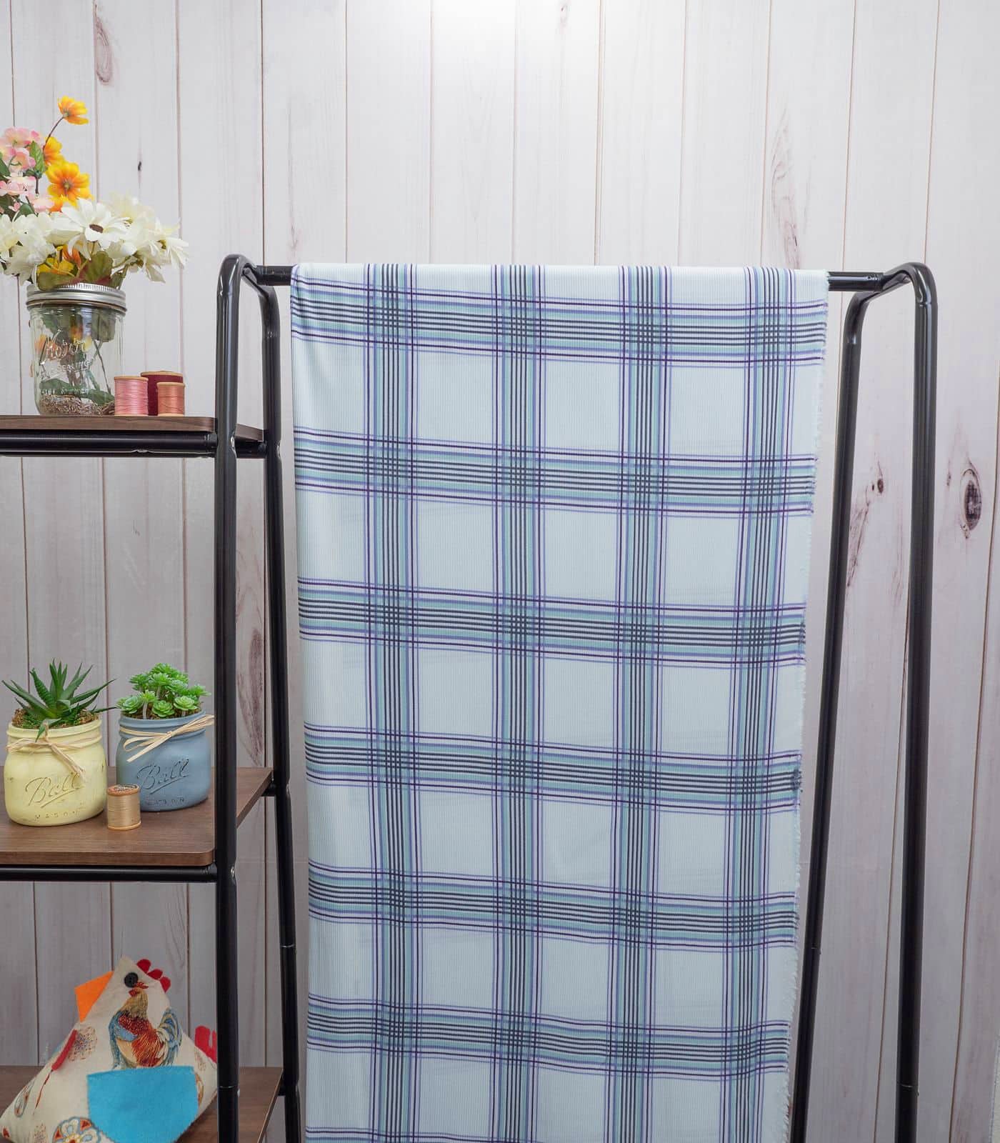 Light Blue/Navy/Green Plaid Ribbed Knit (2x1) Fabric