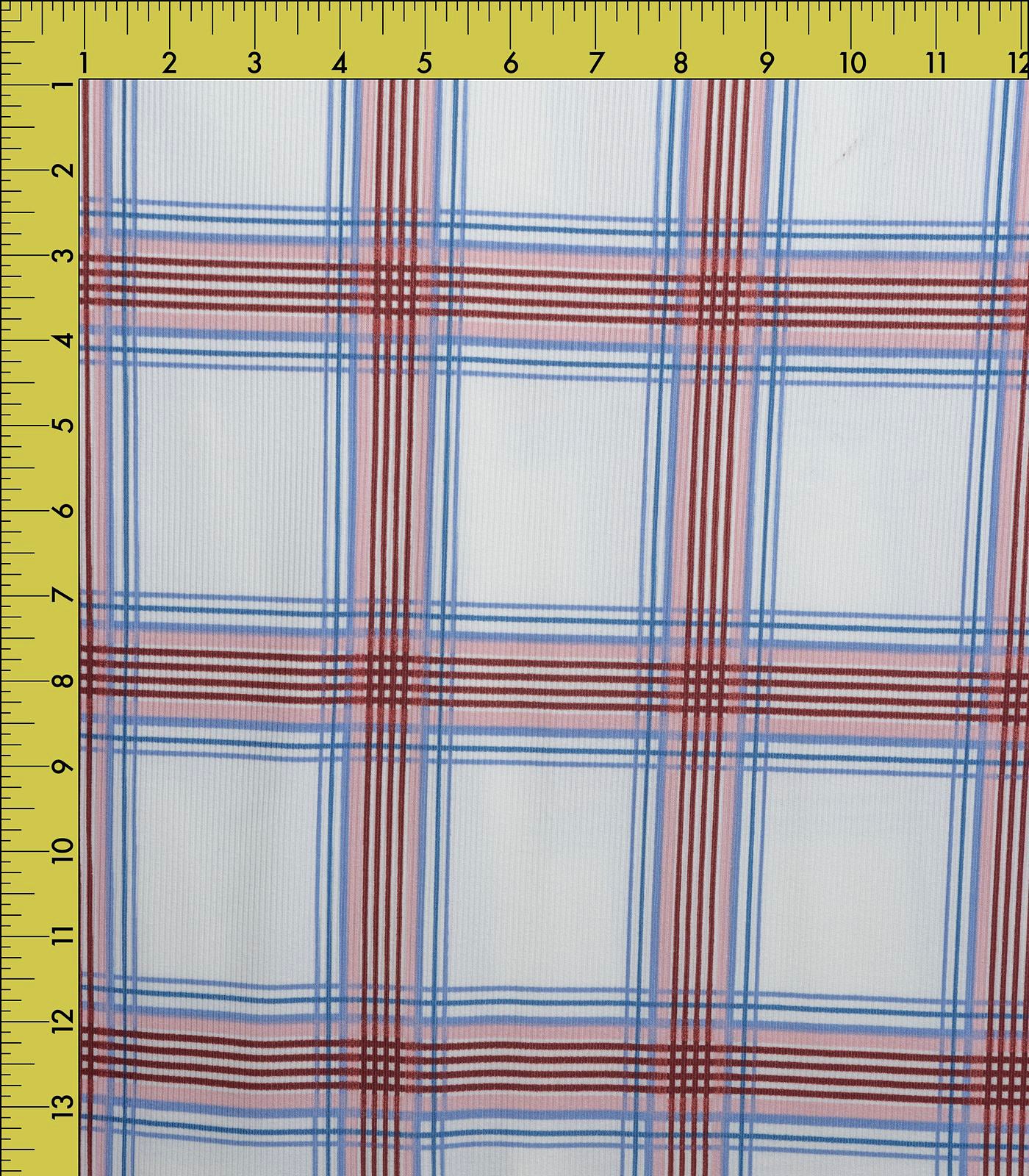 Ivory/Brown/Baby Pink Plaid Ribbed Knit (2x1) Fabric