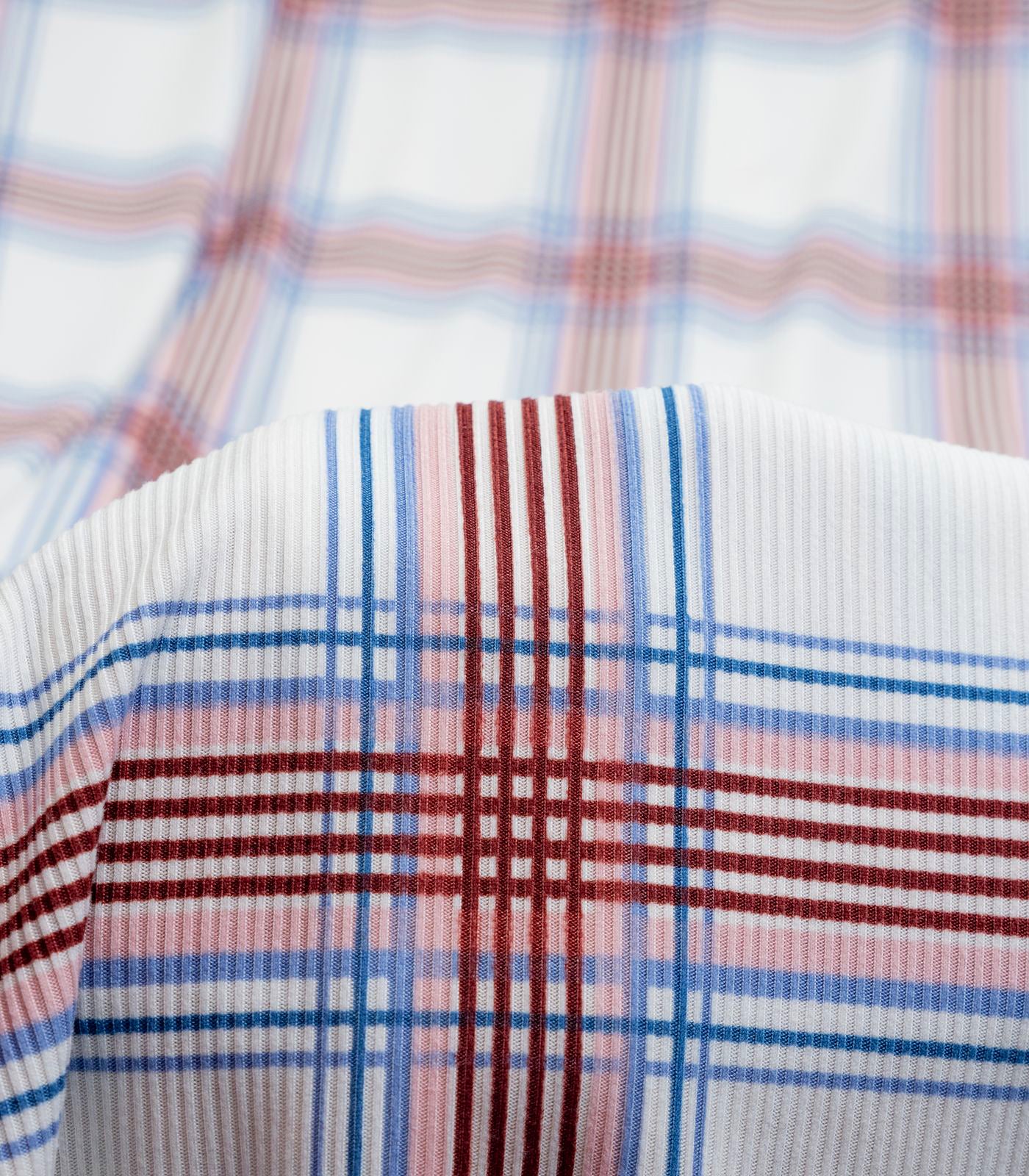 Ivory/Brown/Baby Pink Plaid Ribbed Knit (2x1) Fabric