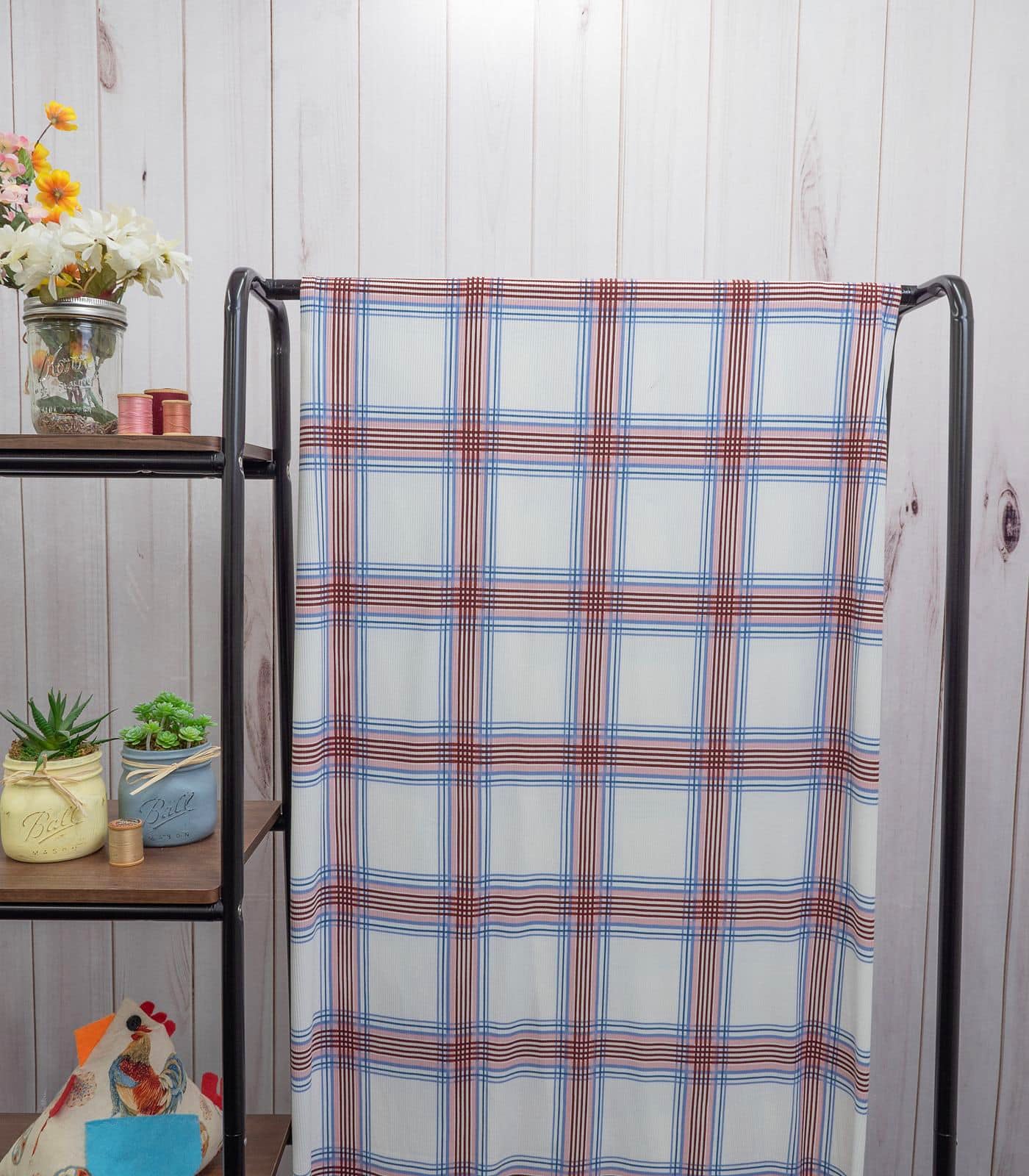 Ivory/Brown/Baby Pink Plaid Ribbed Knit (2x1) Fabric