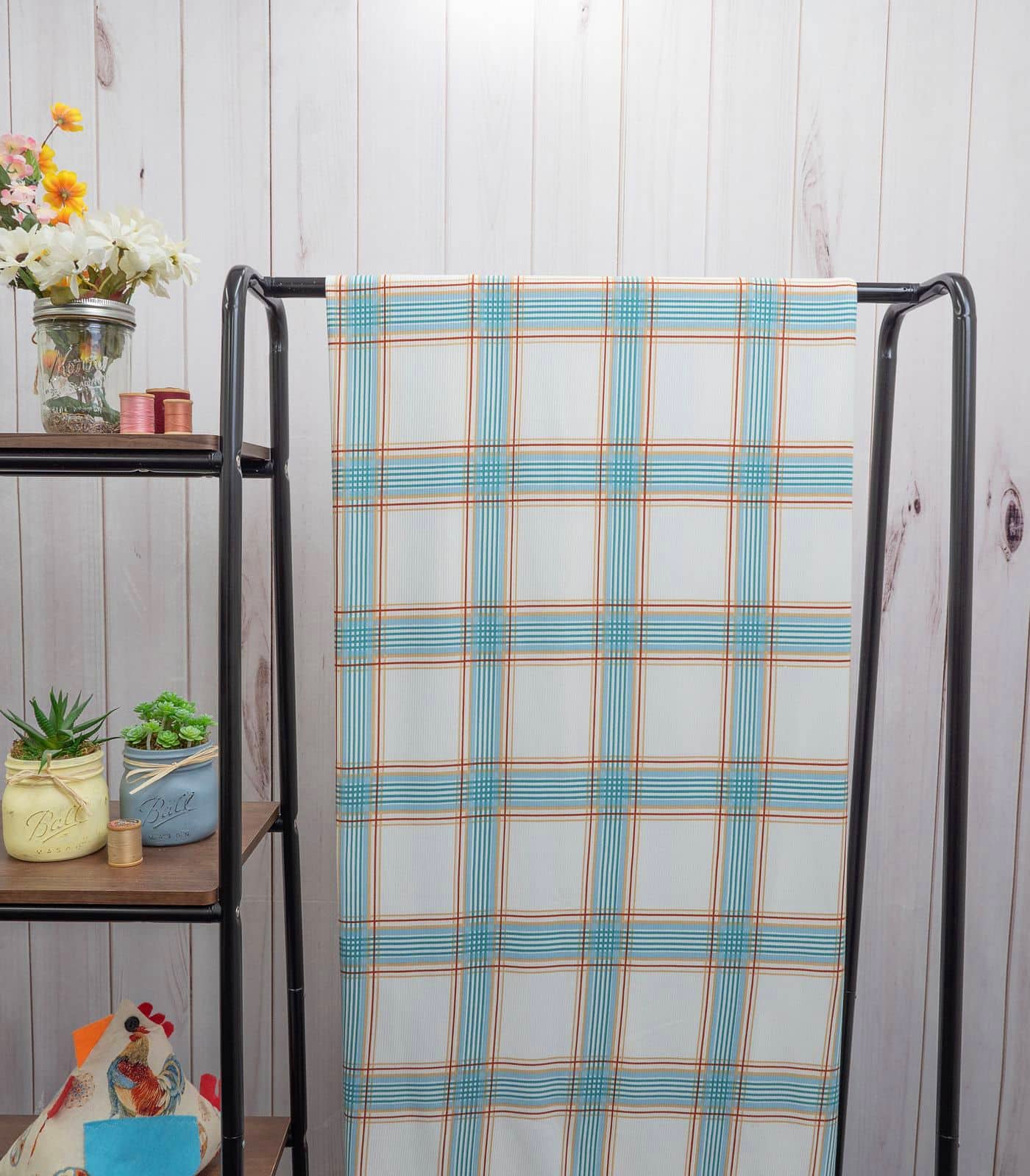 Ivory/Green/Brown Plaid Ribbed Knit (2x1) Fabric