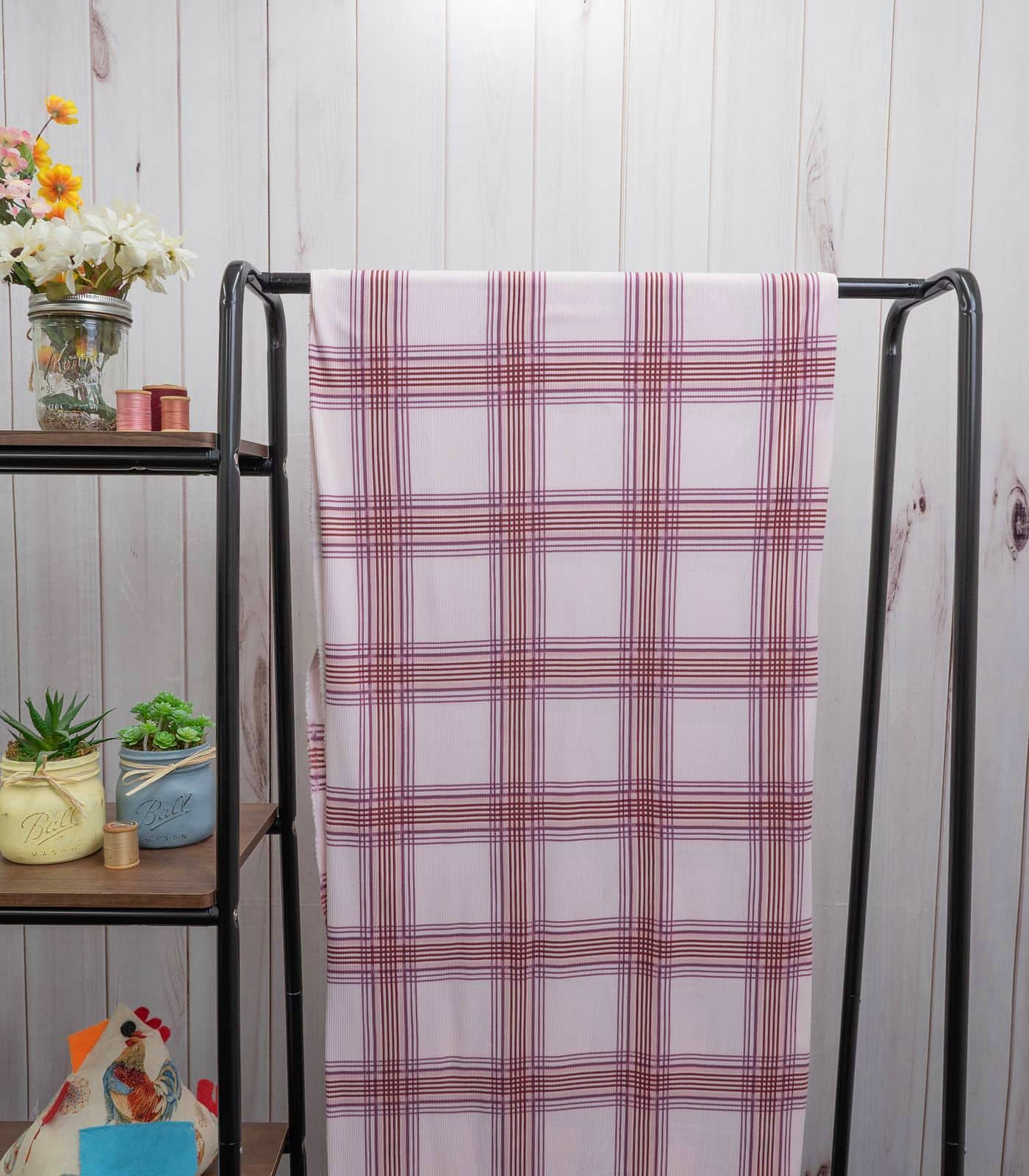 Light Pink/Rust Plaid Ribbed Knit (2x1) Fabric