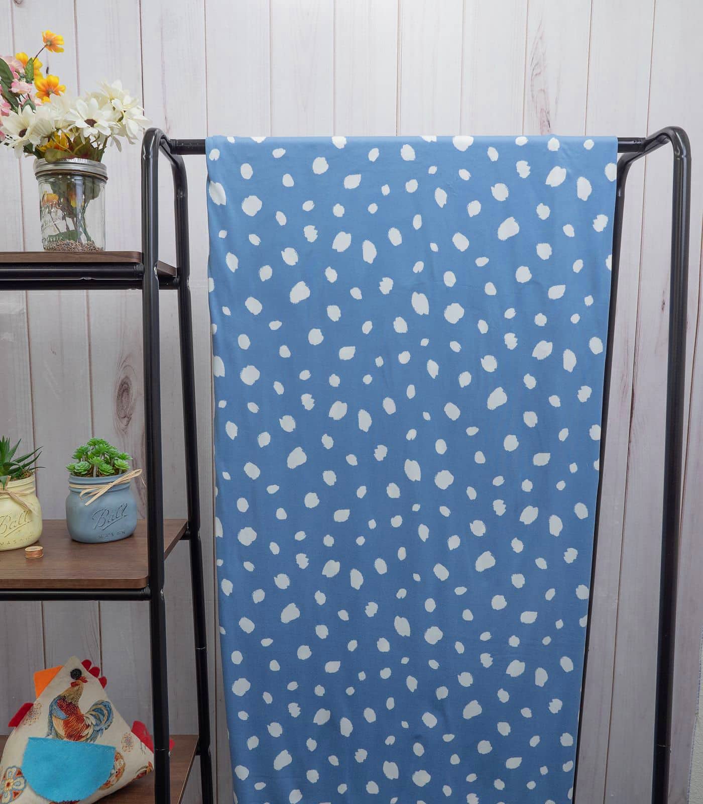 Denim/White Spots Double Brushed Poly Fabric