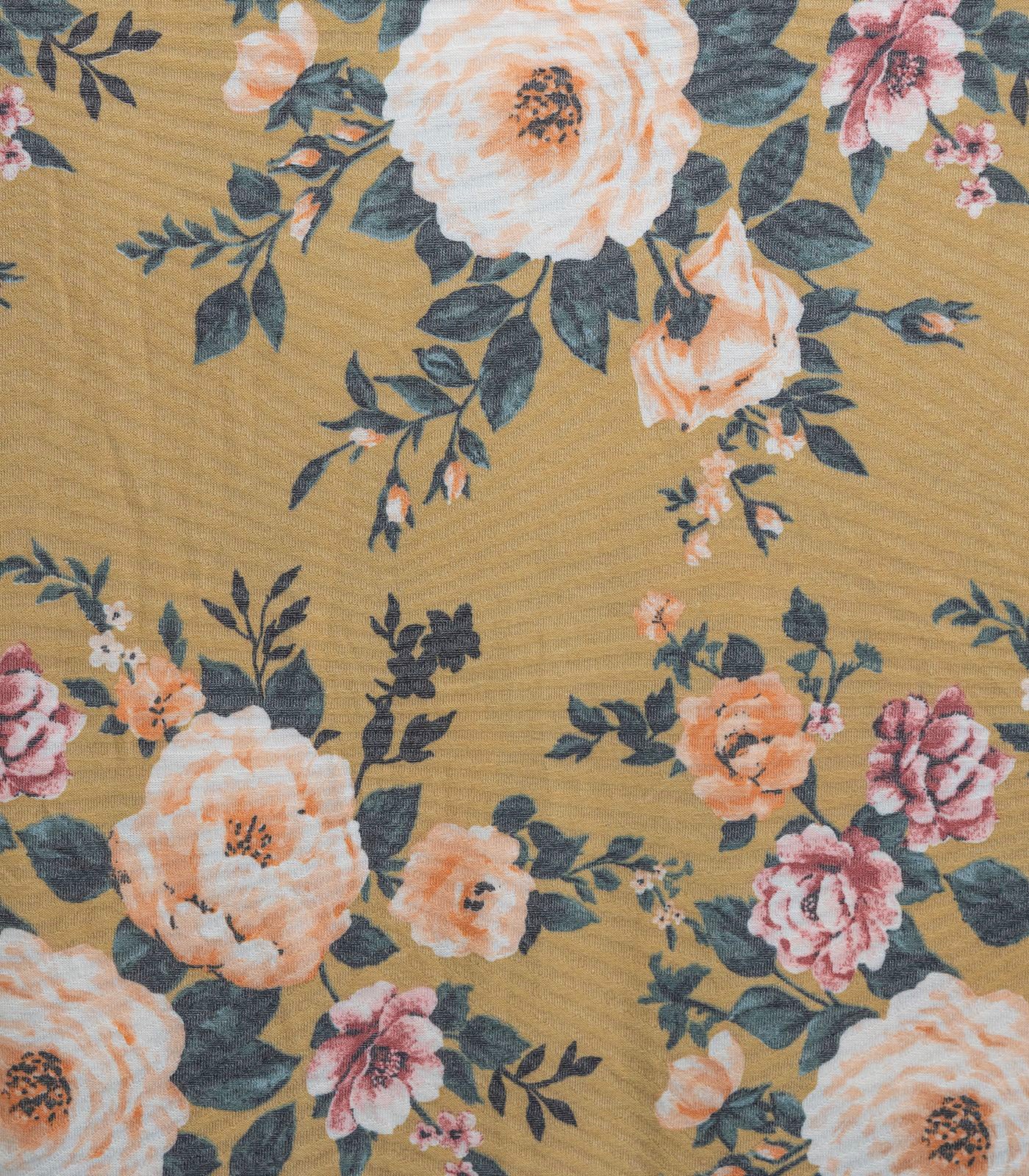 Mustard/Mauve/Green Floral/Chevron Ribbed Sweater Knit Fabric