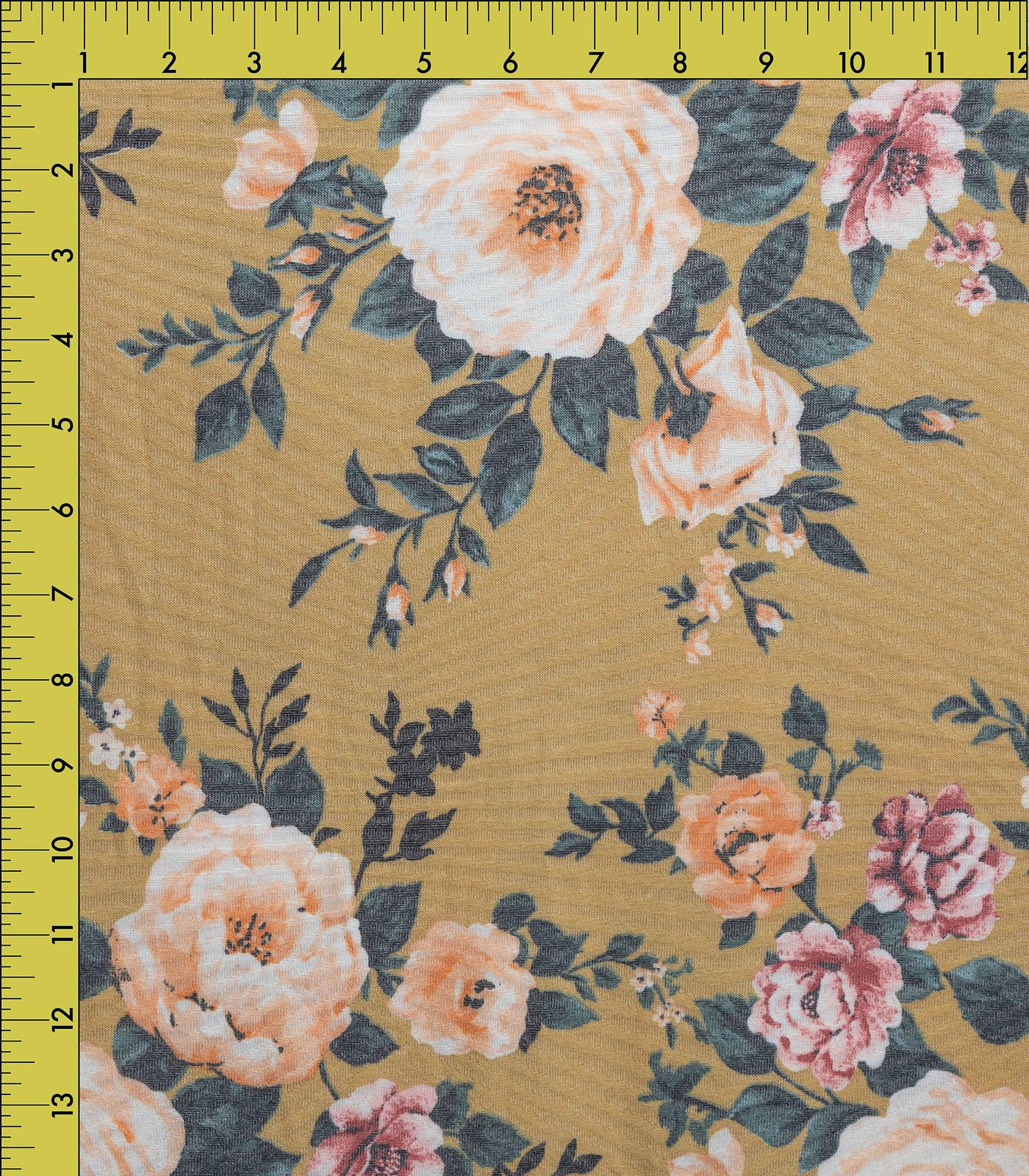 Mustard/Mauve/Green Floral/Chevron Ribbed Sweater Knit Fabric