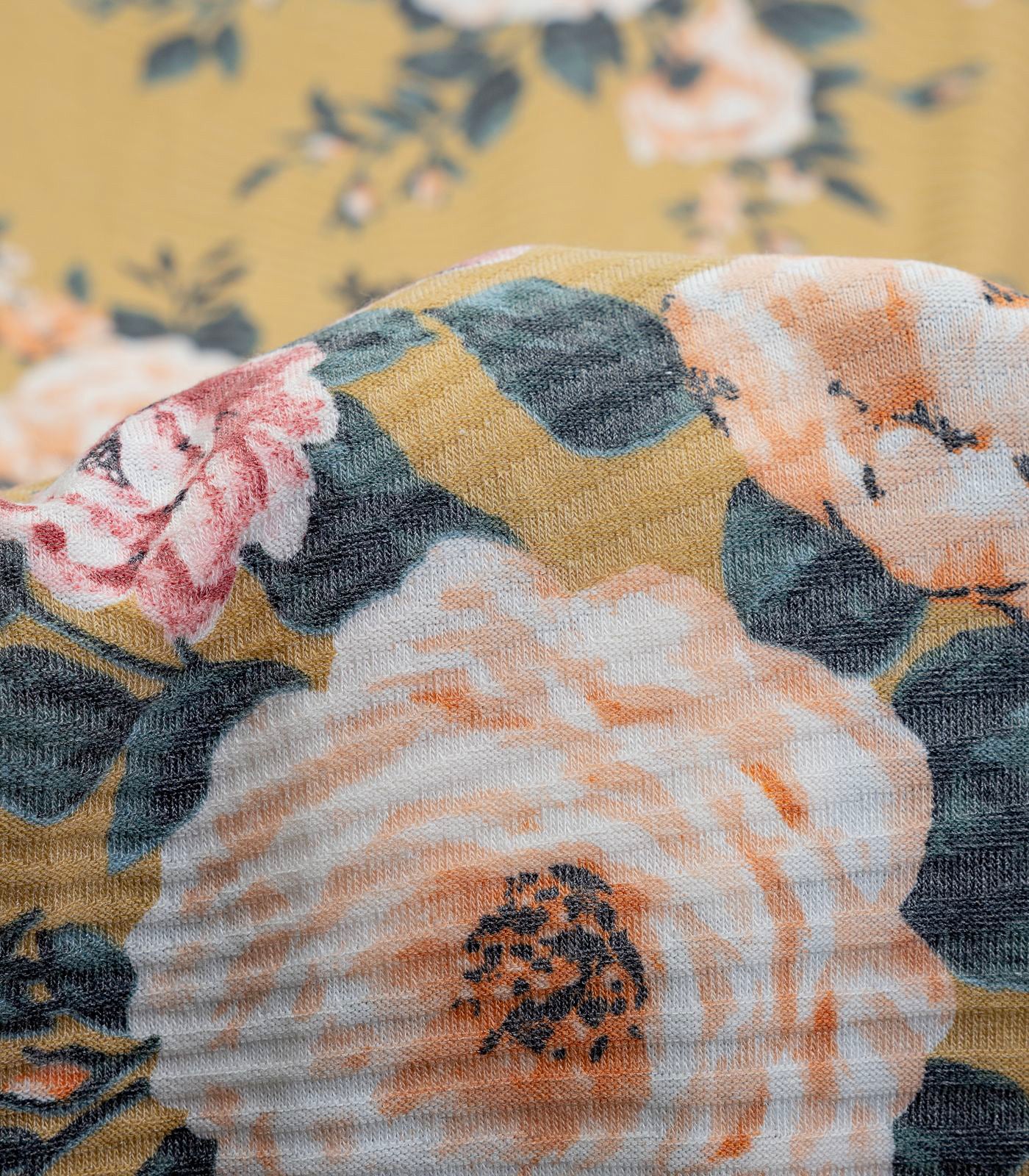 Mustard/Mauve/Green Floral/Chevron Ribbed Sweater Knit Fabric