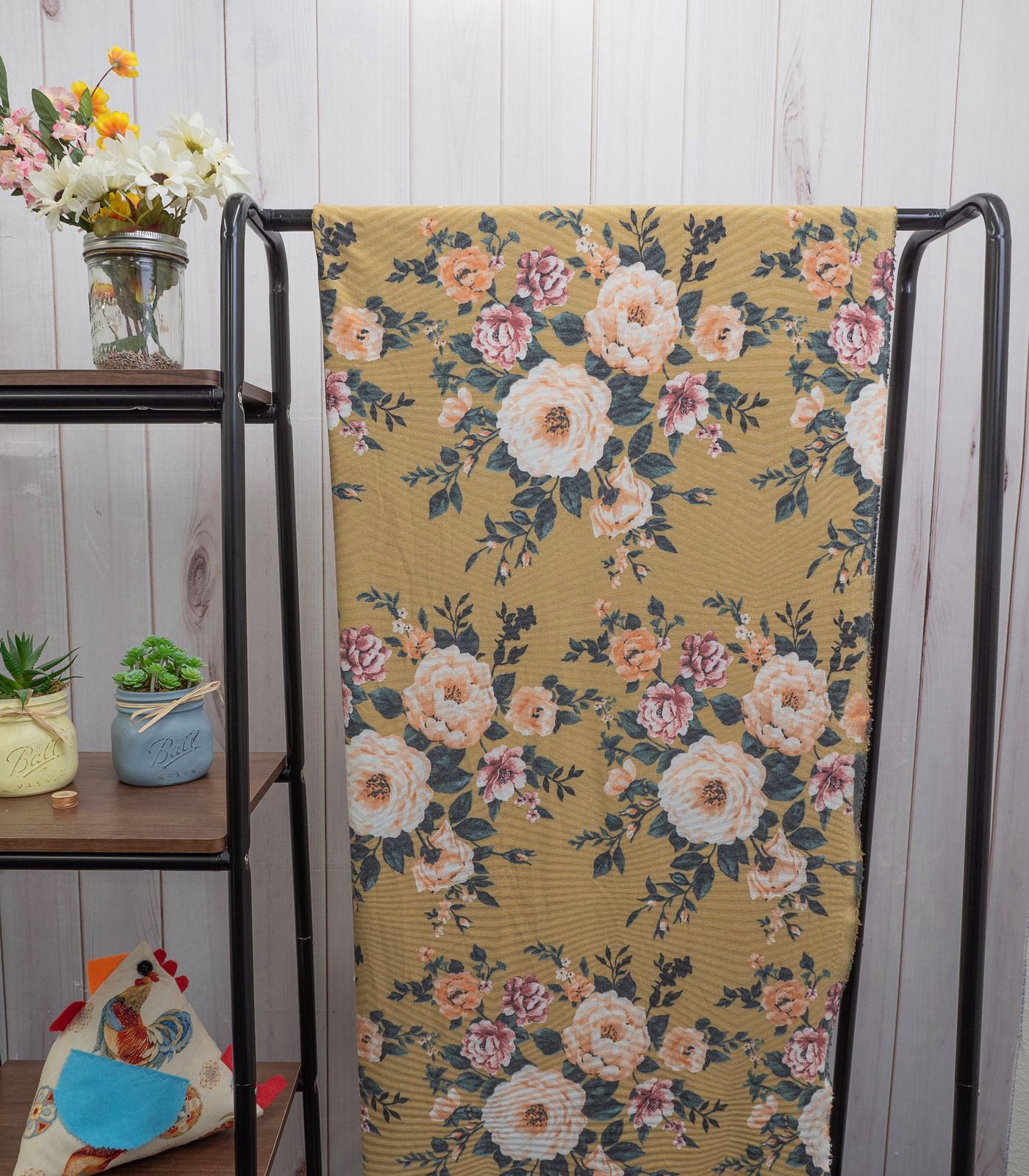 Mustard/Mauve/Green Floral/Chevron Ribbed Sweater Knit Fabric