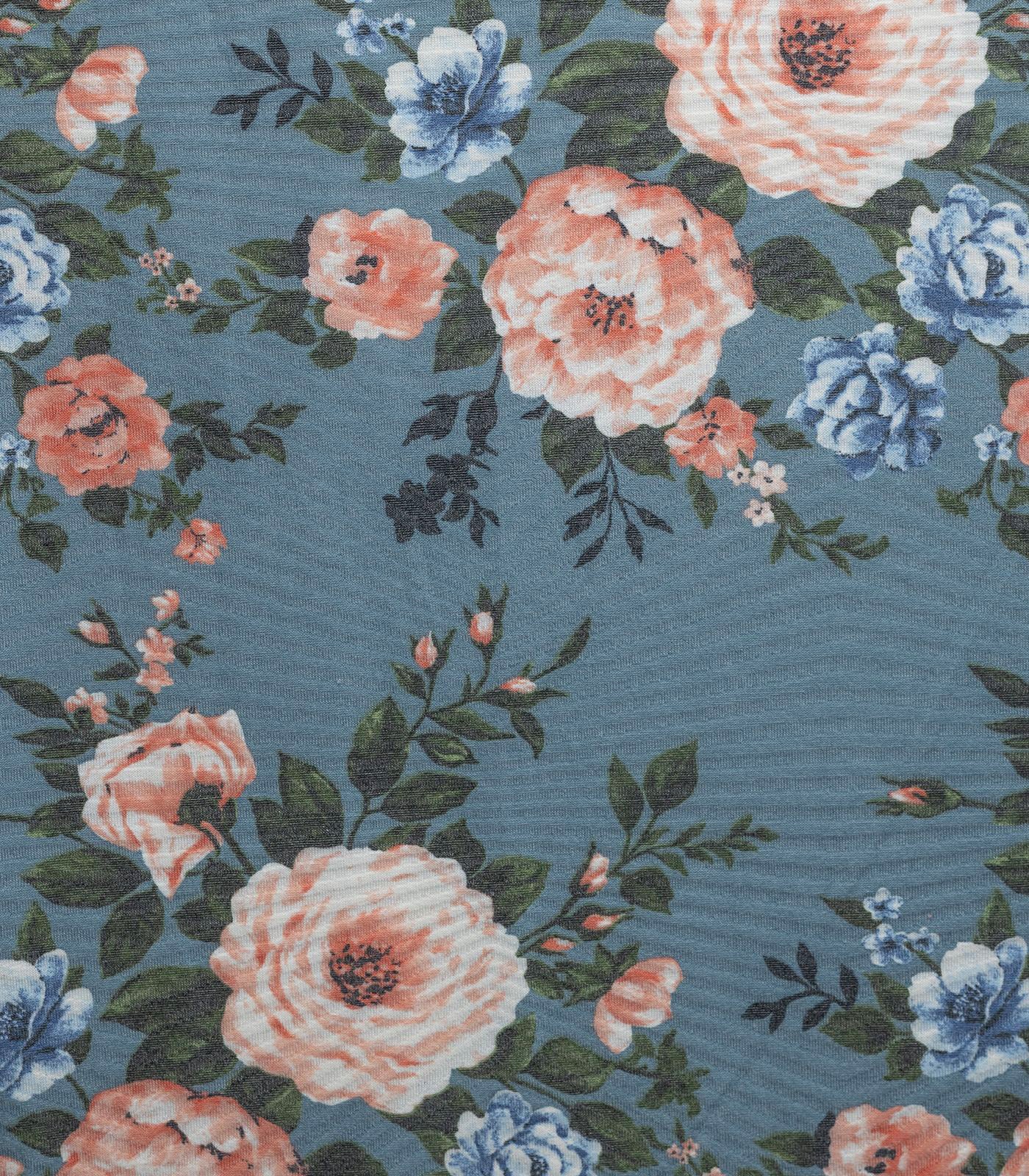 Slate/Blue/Mauve Floral/Chevron Ribbed Sweater Knit Fabric