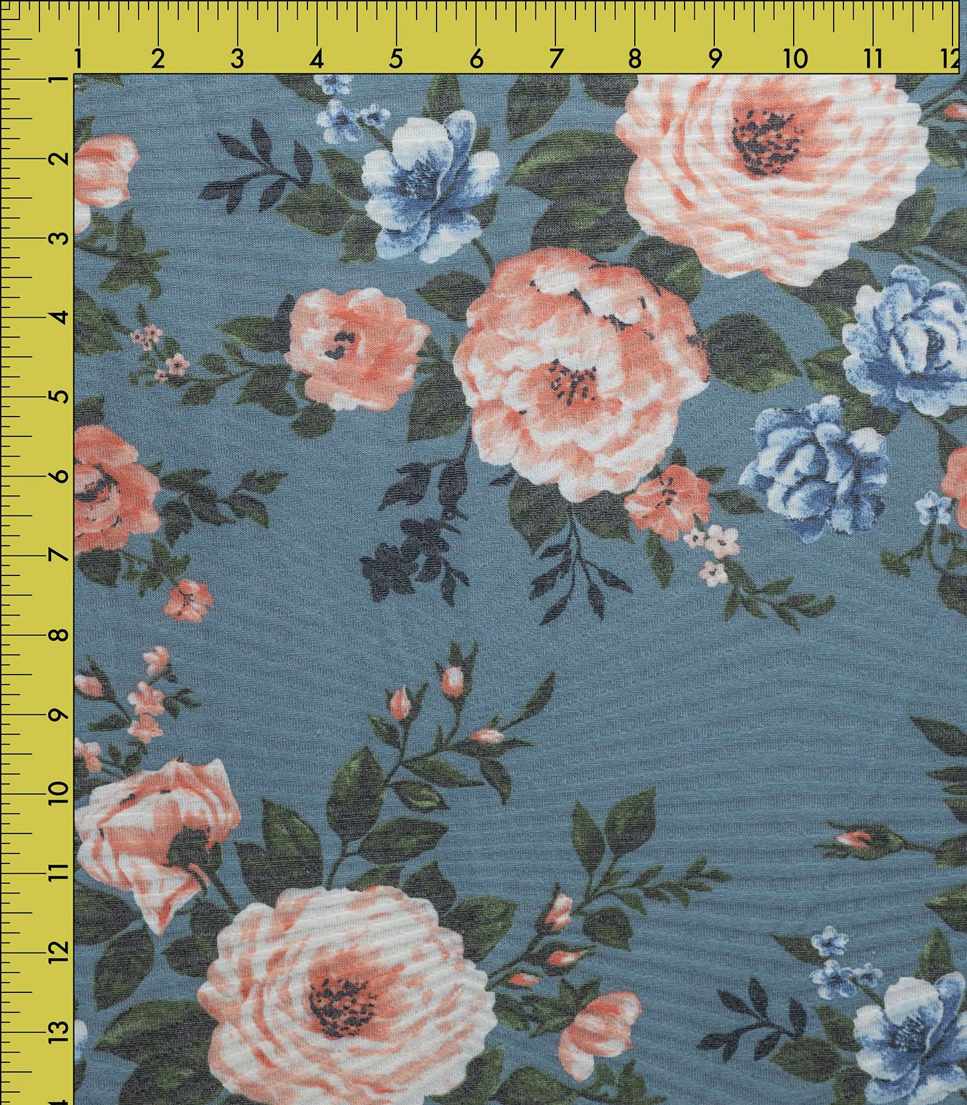 Slate/Blue/Mauve Floral/Chevron Ribbed Sweater Knit Fabric