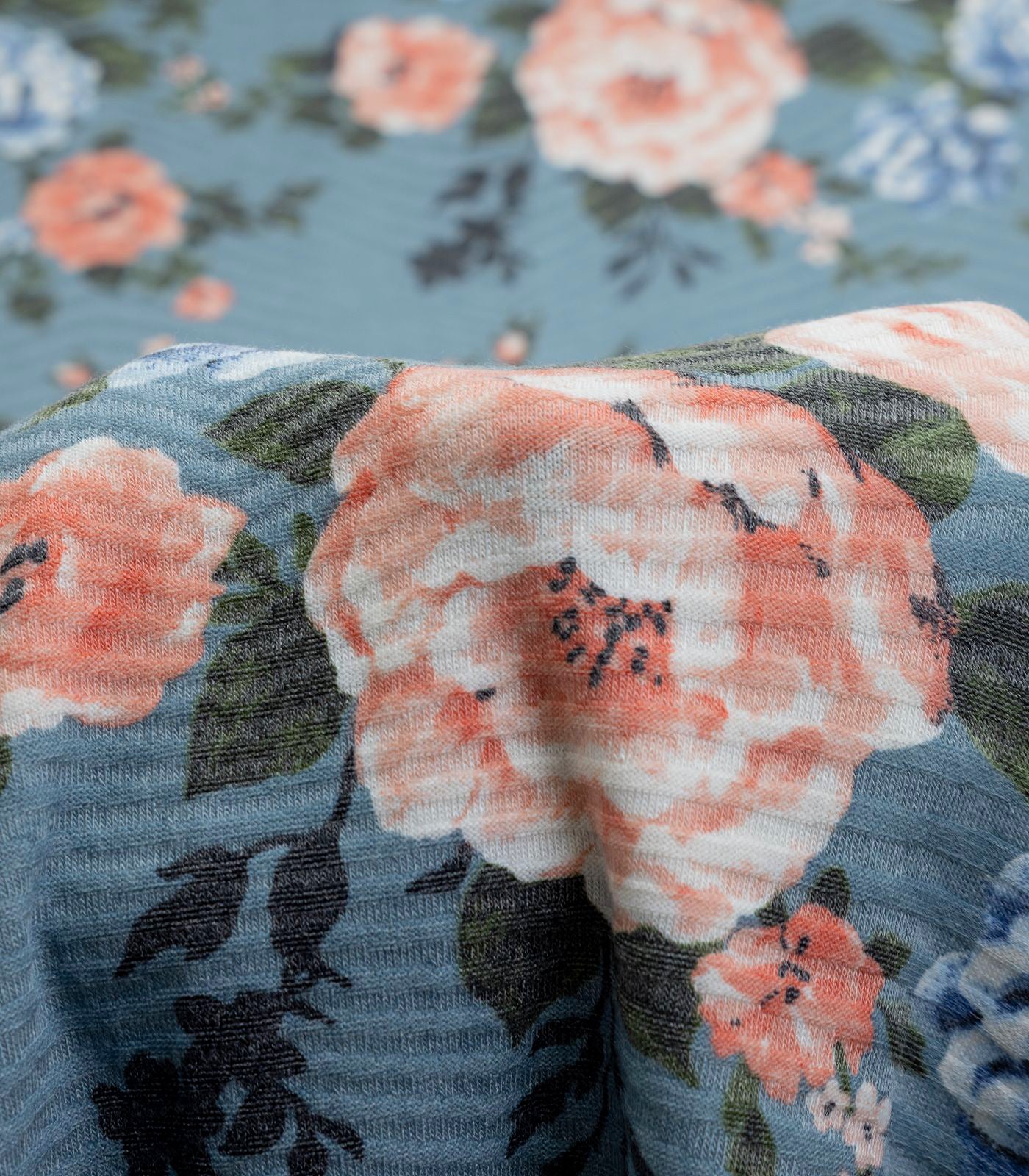 Slate/Blue/Mauve Floral/Chevron Ribbed Sweater Knit Fabric