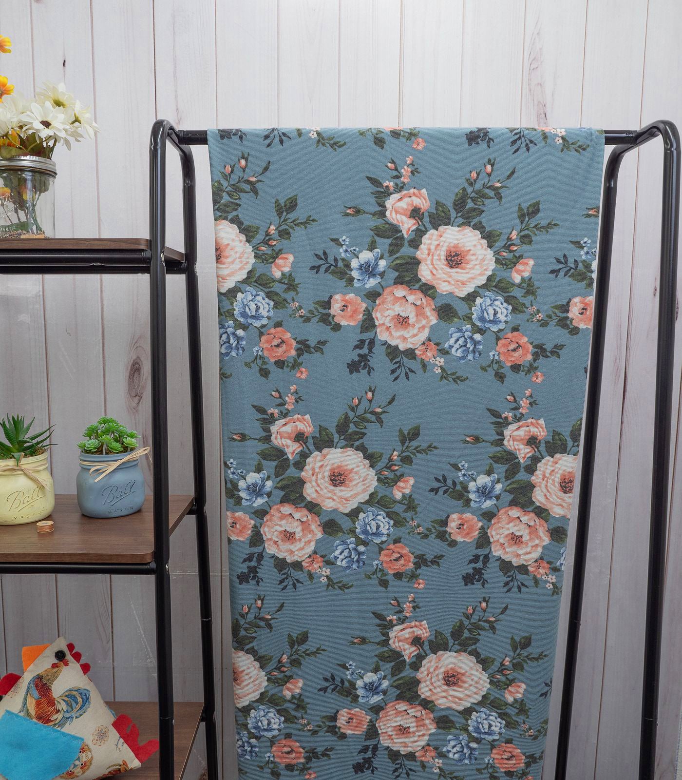 Slate/Blue/Mauve Floral/Chevron Ribbed Sweater Knit Fabric