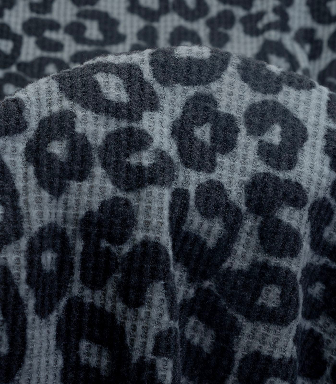 Grey/Black Brushed Leopard Waffle Knit Fabric