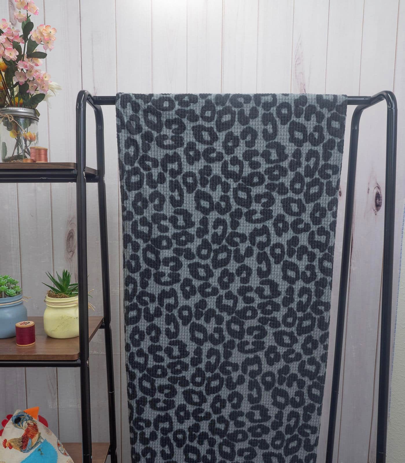 Grey/Black Brushed Leopard Waffle Knit Fabric