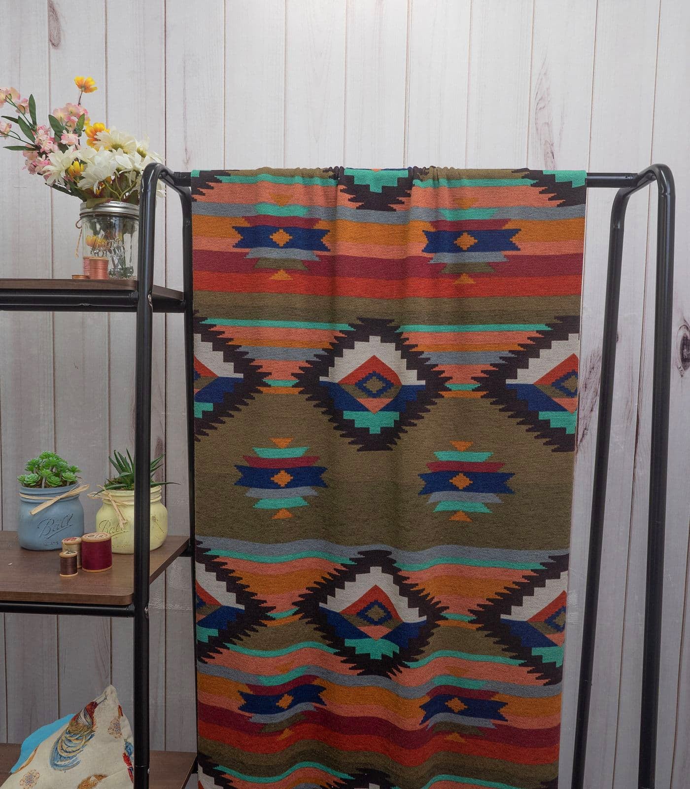 Ash Olive/Navy/Rust Southwestern Sweater Knit Fabric