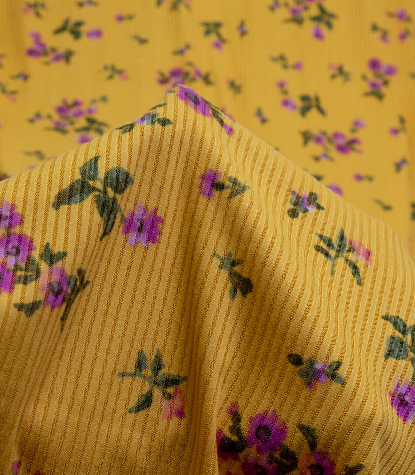 Yellow/Pink/Green Ditsy Floral Ribbed Knit (4x2) Fabric