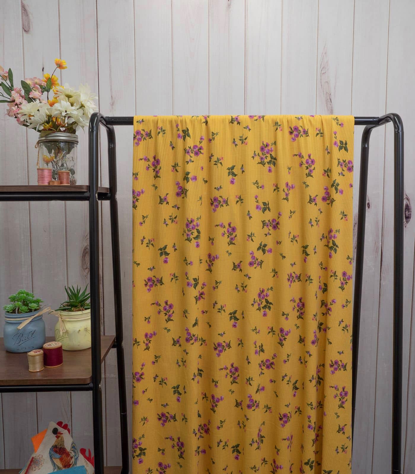 Yellow/Pink/Green Ditsy Floral Ribbed Knit (4x2) Fabric