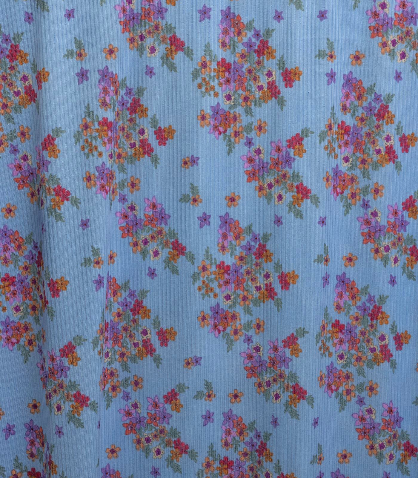 Sky Blue/Purple/Pink Ditsy Floral Ribbed Knit (4x2) Fabric