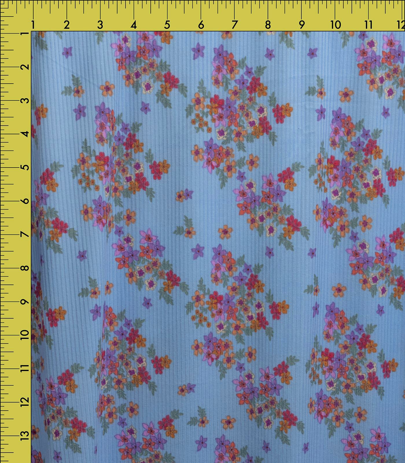 Sky Blue/Purple/Pink Ditsy Floral Ribbed Knit (4x2) Fabric