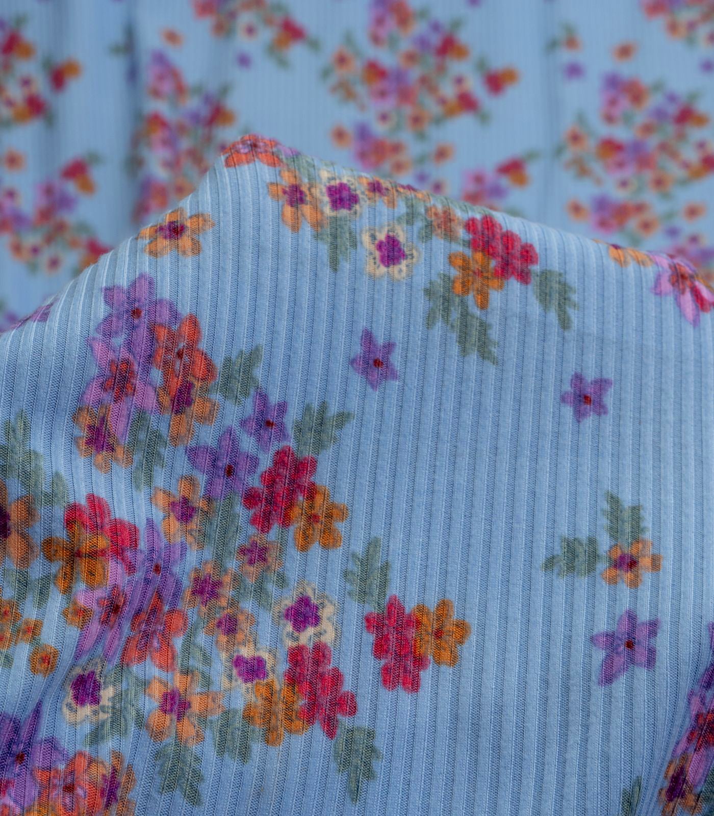 Sky Blue/Purple/Pink Ditsy Floral Ribbed Knit (4x2) Fabric