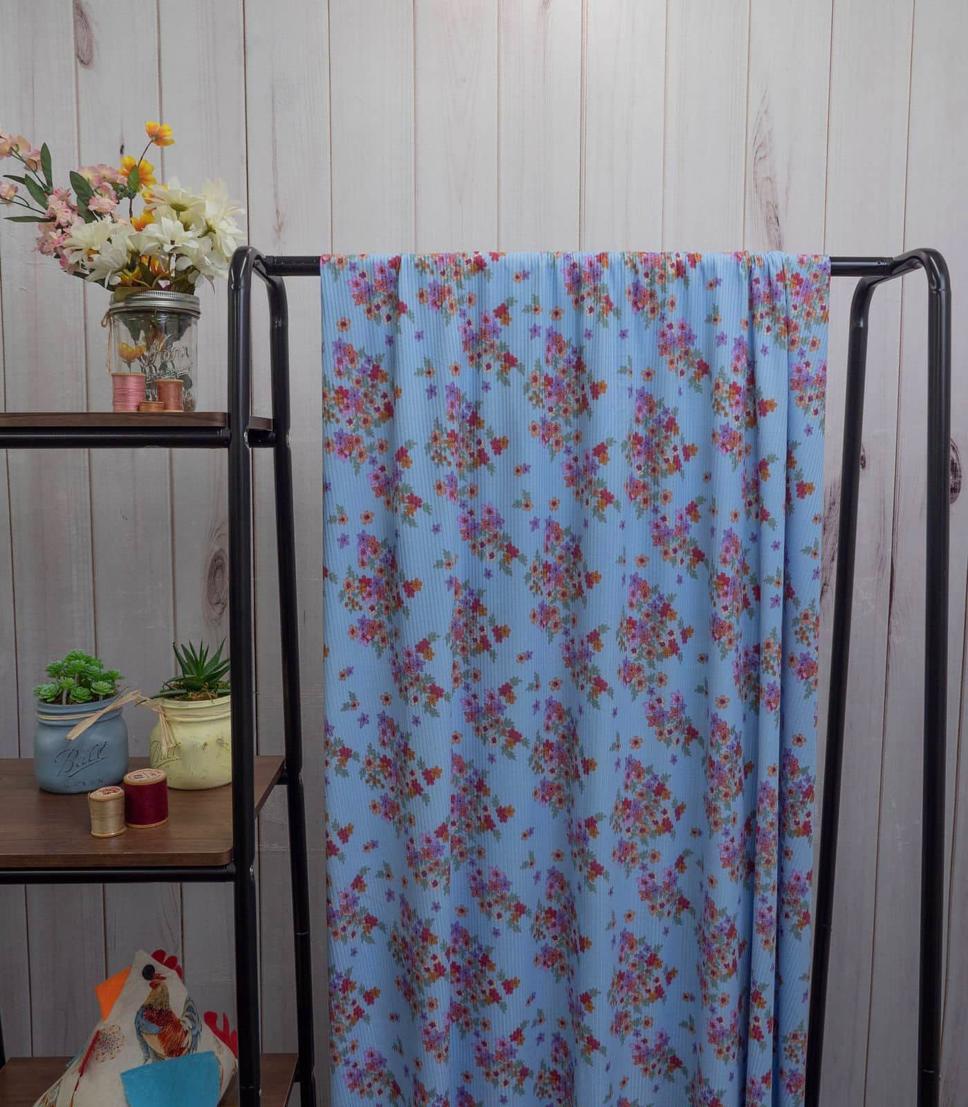 Sky Blue/Purple/Pink Ditsy Floral Ribbed Knit (4x2) Fabric