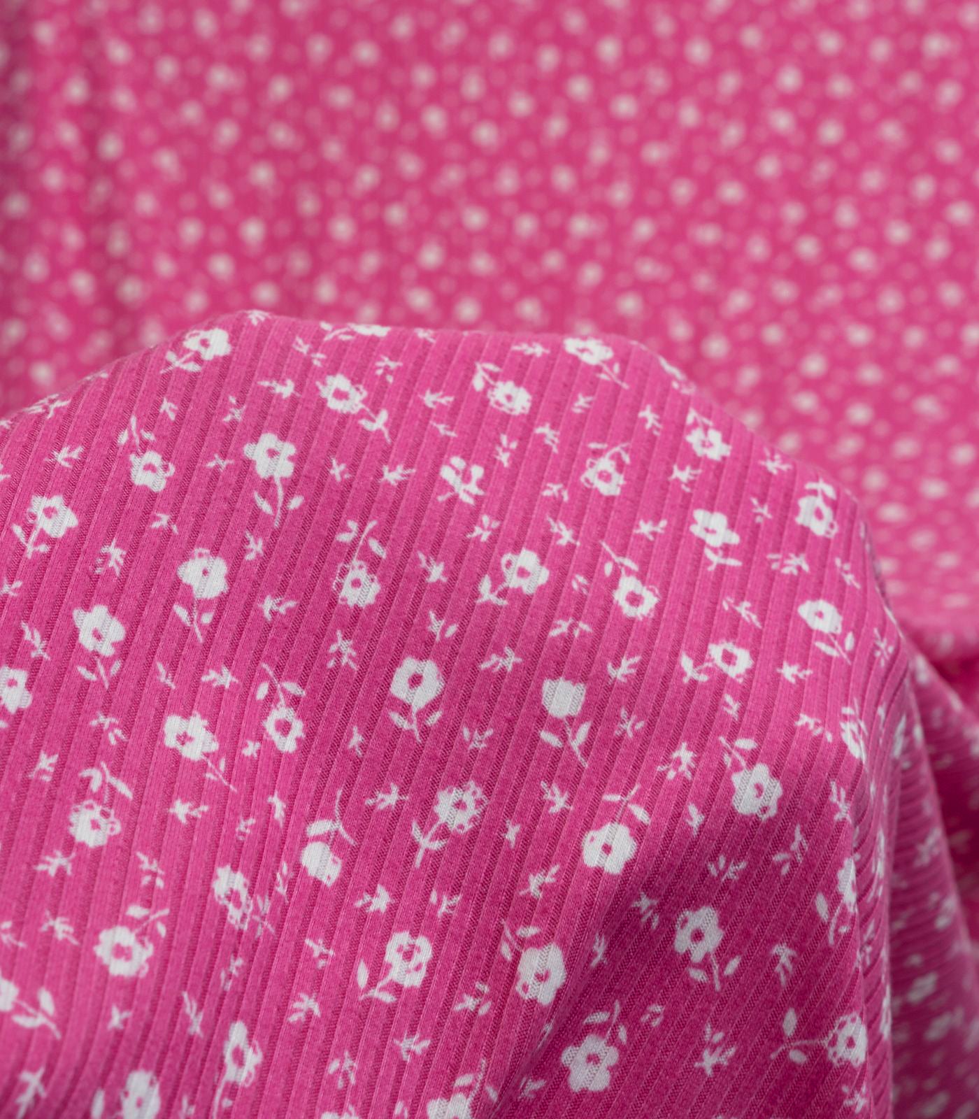Pink/White Ditsy Floral Ribbed Knit (4x2) Fabric
