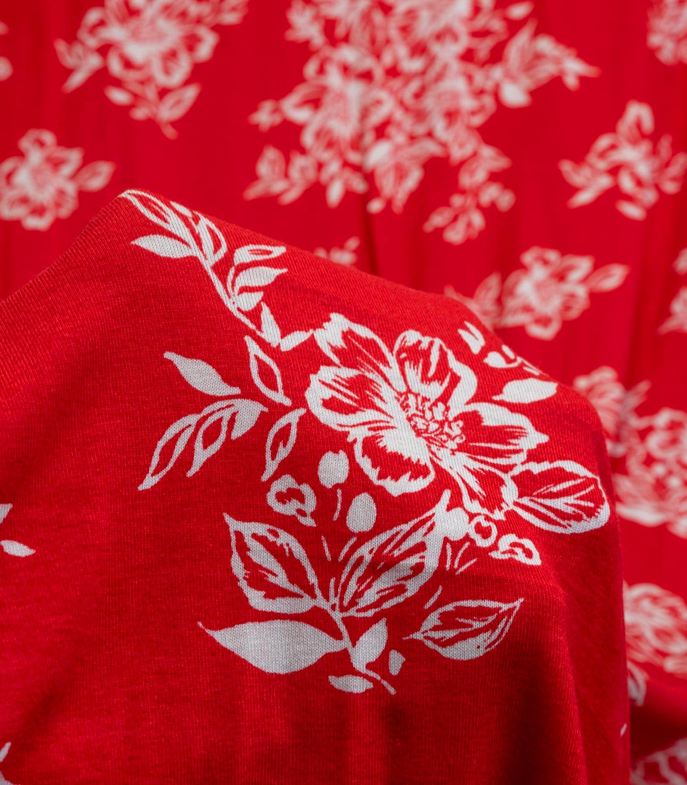 Red/White Stenciled/Floral Rayon Spandex Fabric