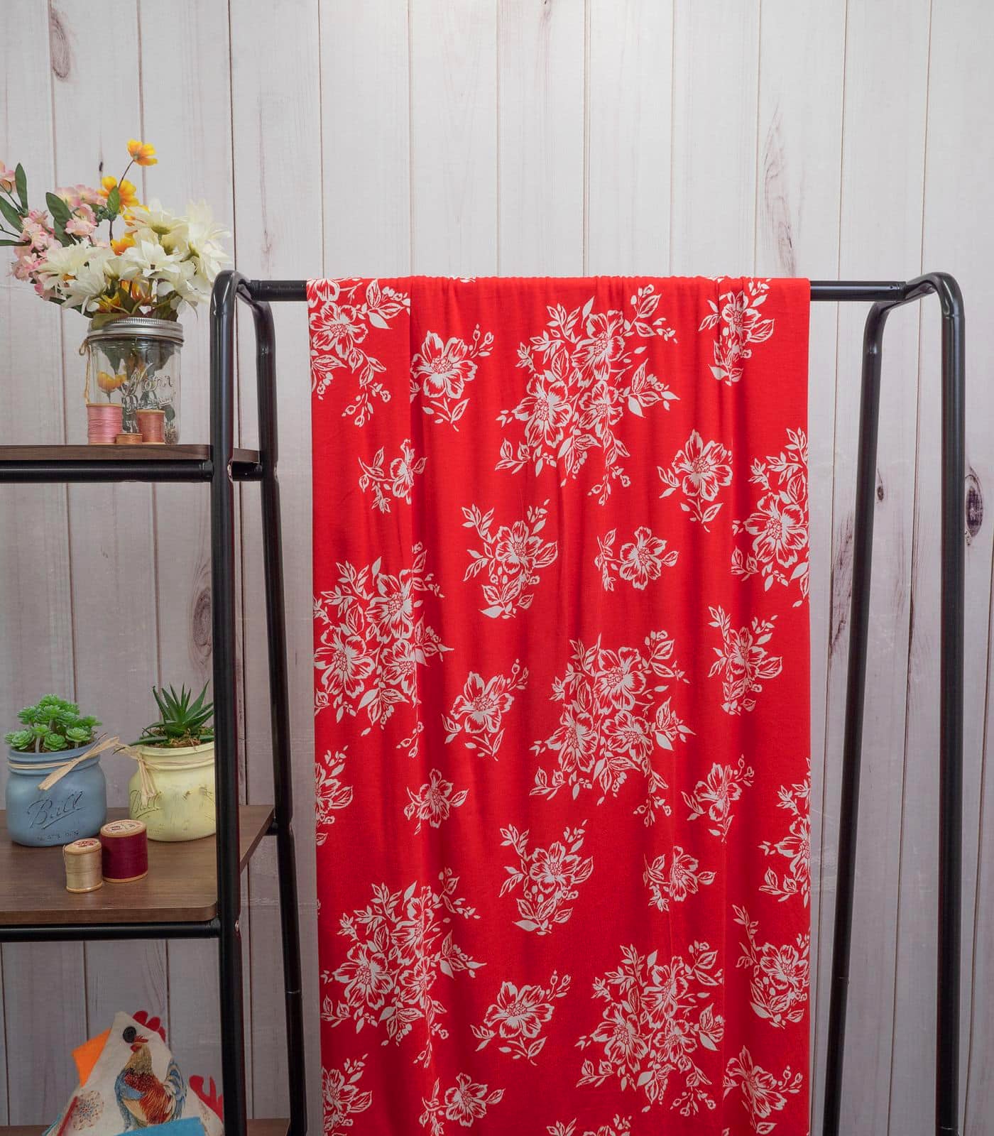 Red/White Stenciled/Floral Rayon Spandex Fabric