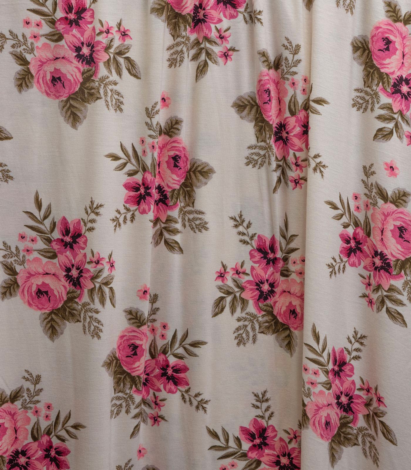 Cream/Pink/Sage Floral Rayon Spandex Fabric