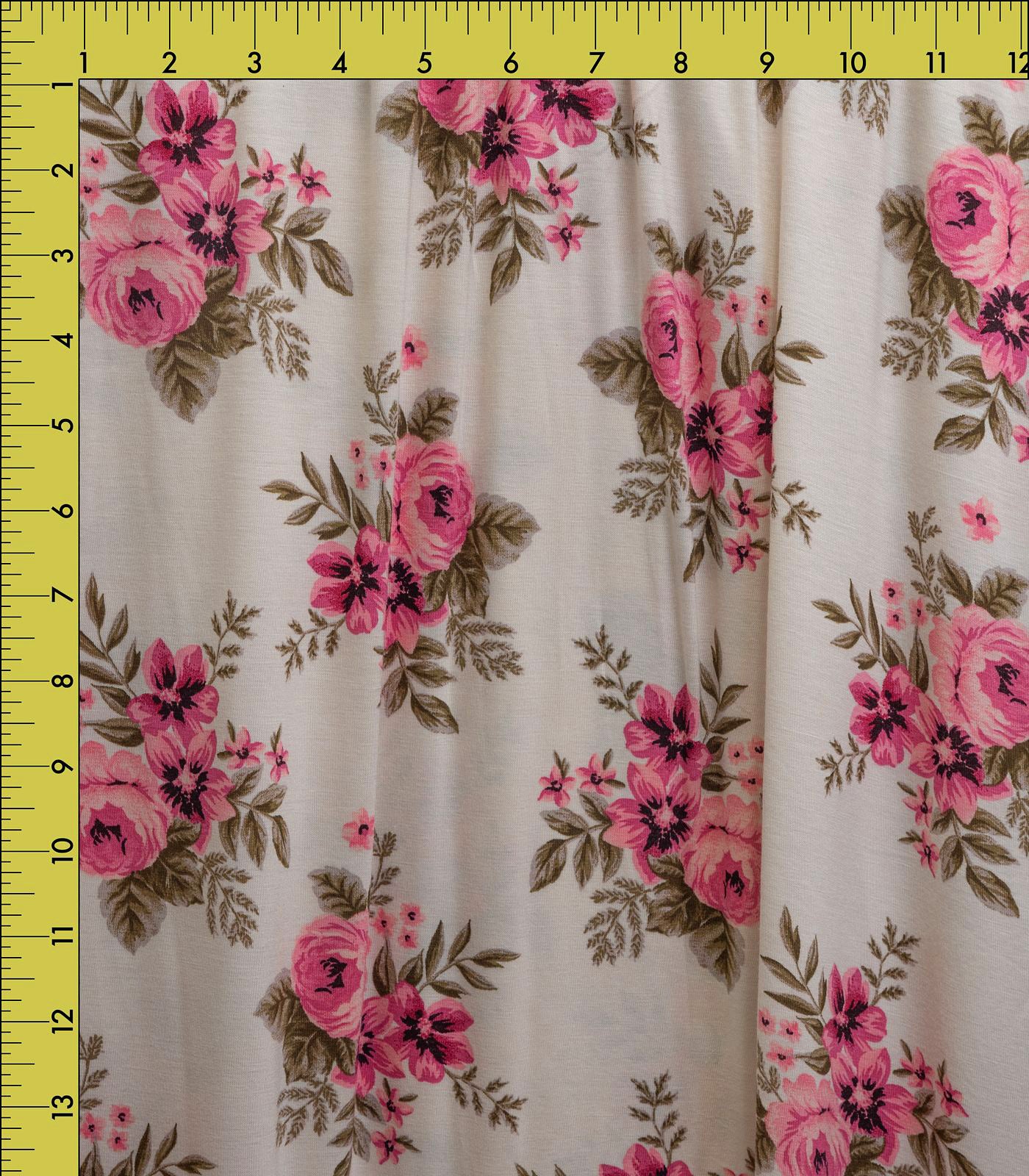 Cream/Pink/Sage Floral Rayon Spandex Fabric