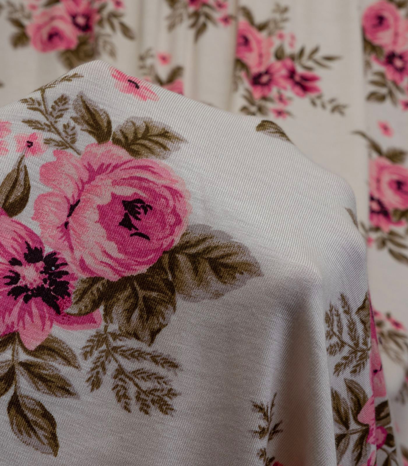 Cream/Pink/Sage Floral Rayon Spandex Fabric