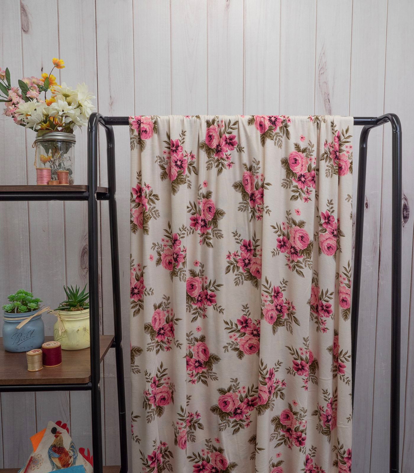 Cream/Pink/Sage Floral Rayon Spandex Fabric