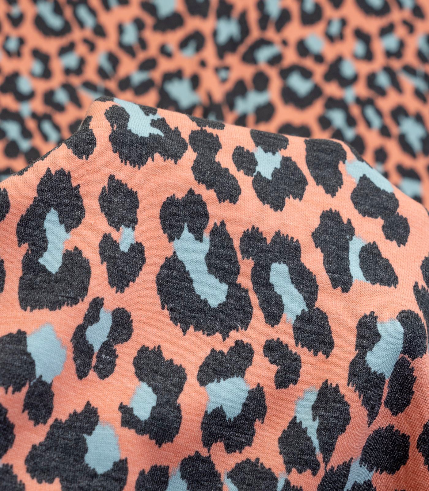 Heathered Peach/Blue/Black Cheetah French Terry Fabric