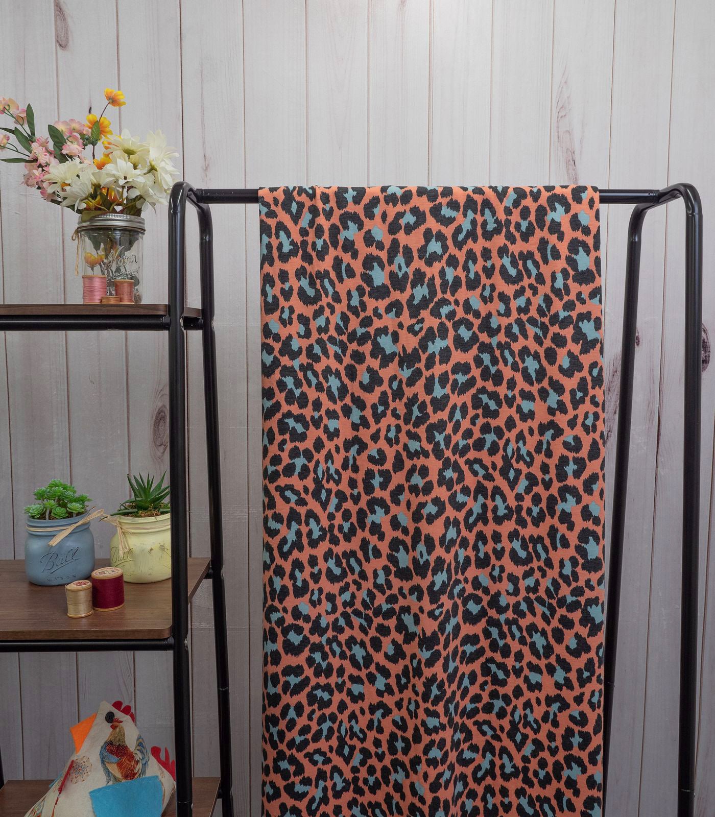 Heathered Peach/Blue/Black Cheetah French Terry Fabric