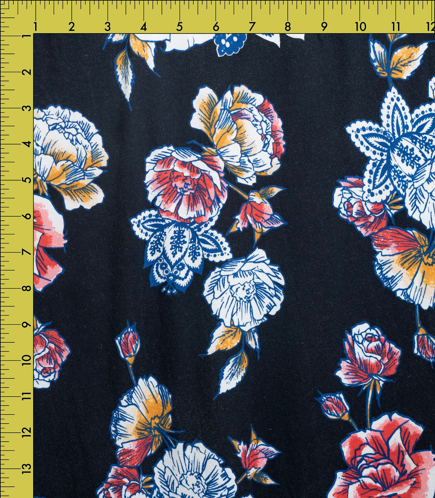 Black/Blue/Pink Stenciled/Floral Double Brushed Poly Fabric
