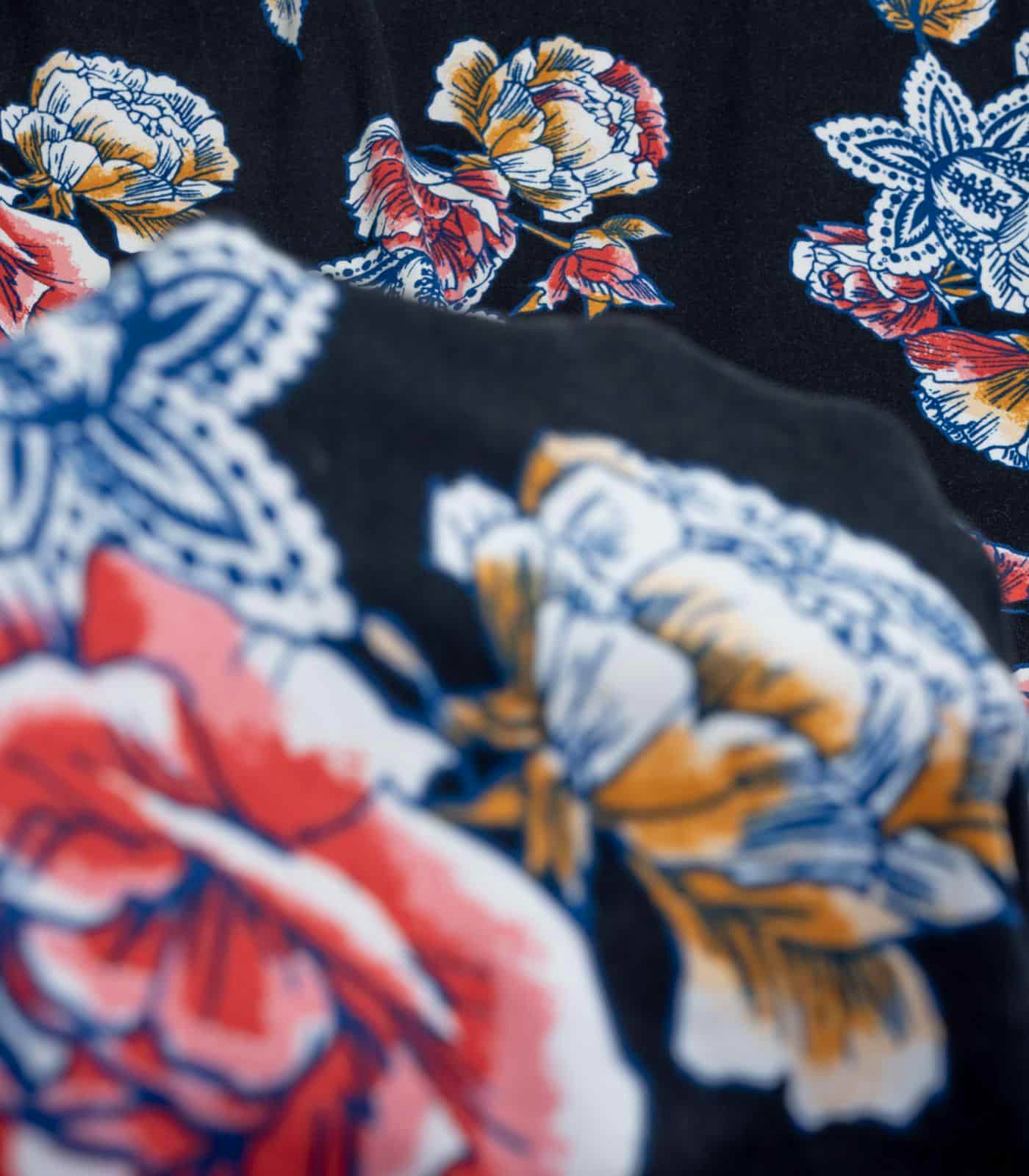 Black/Blue/Pink Stenciled/Floral Double Brushed Poly Fabric