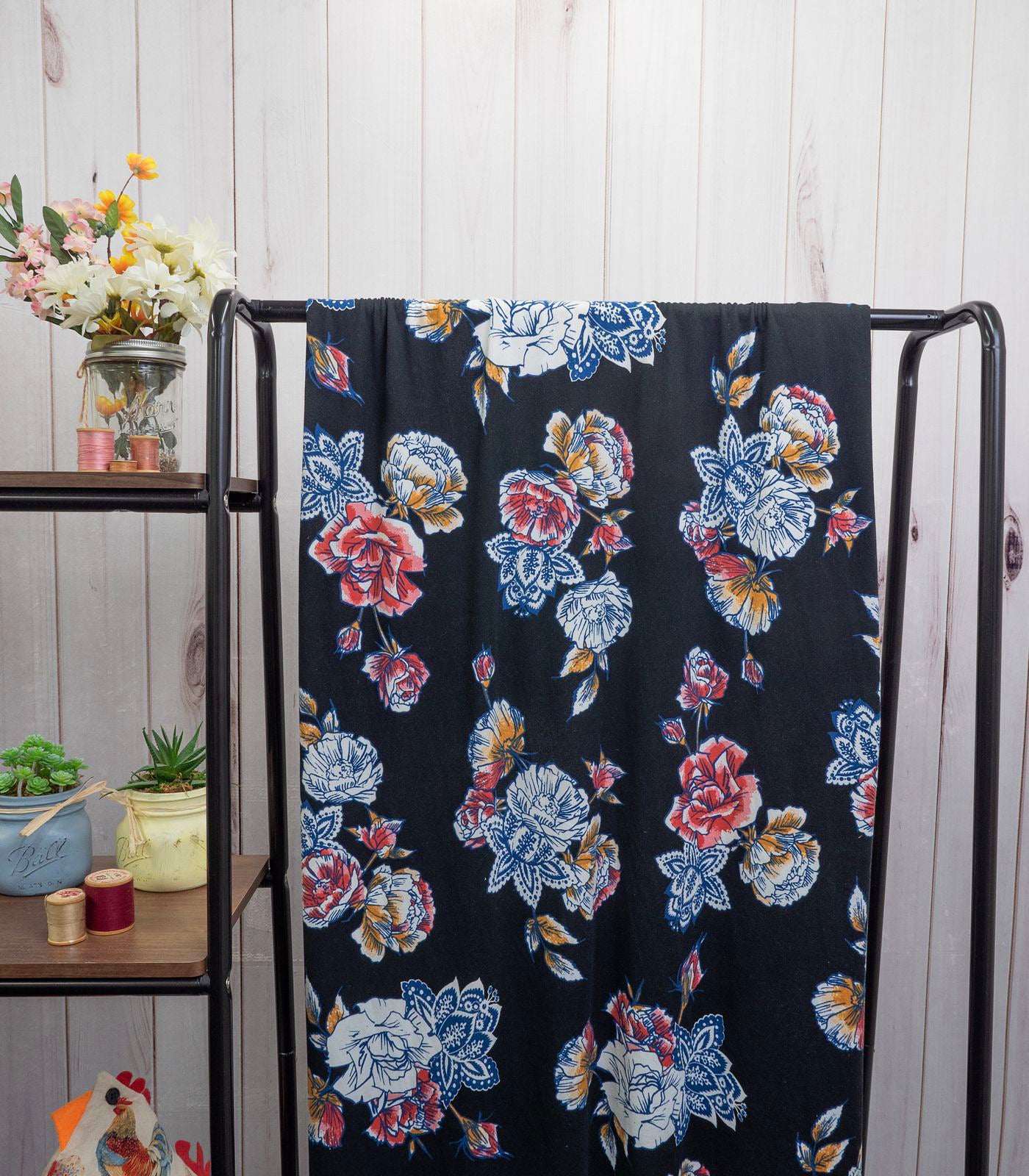 Black/Blue/Pink Stenciled/Floral Double Brushed Poly Fabric