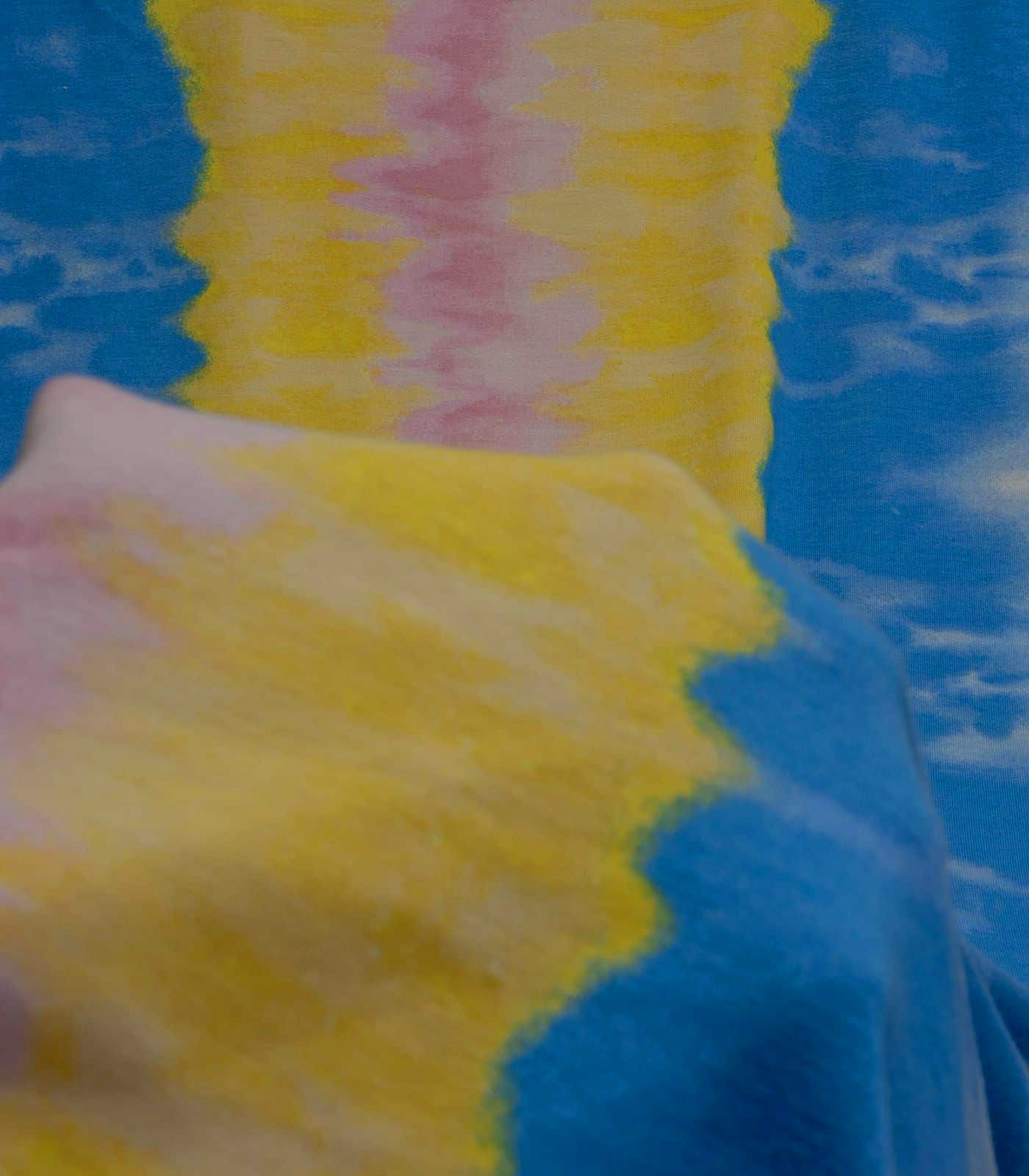 Blue/Yellow/Pink Tie-Dye/Vertical Stripes French Terry Fabric